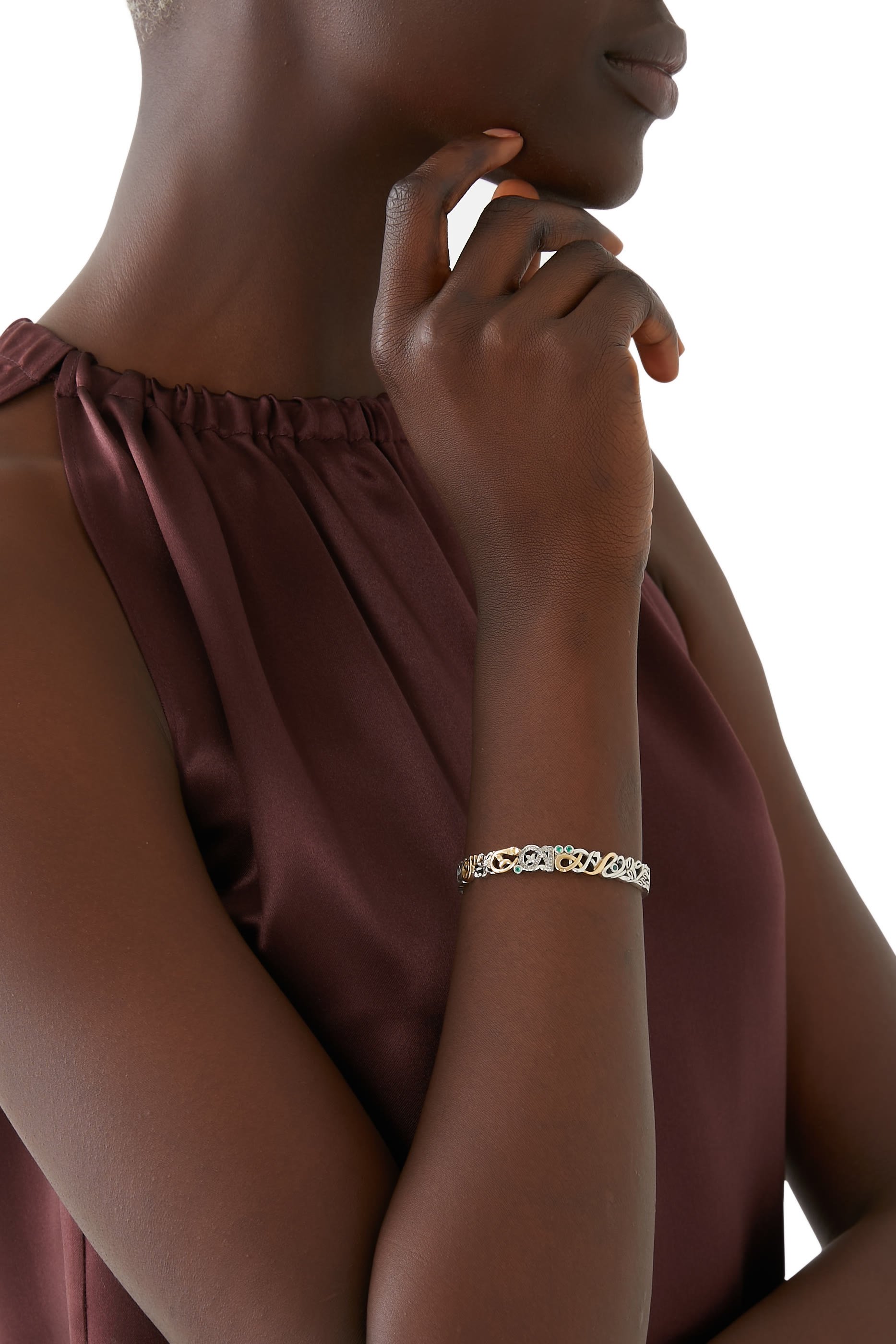 Tales of Calligraphy Bangle, 18k Yellow Gold with Sterling Silver & Champagne Diamonds