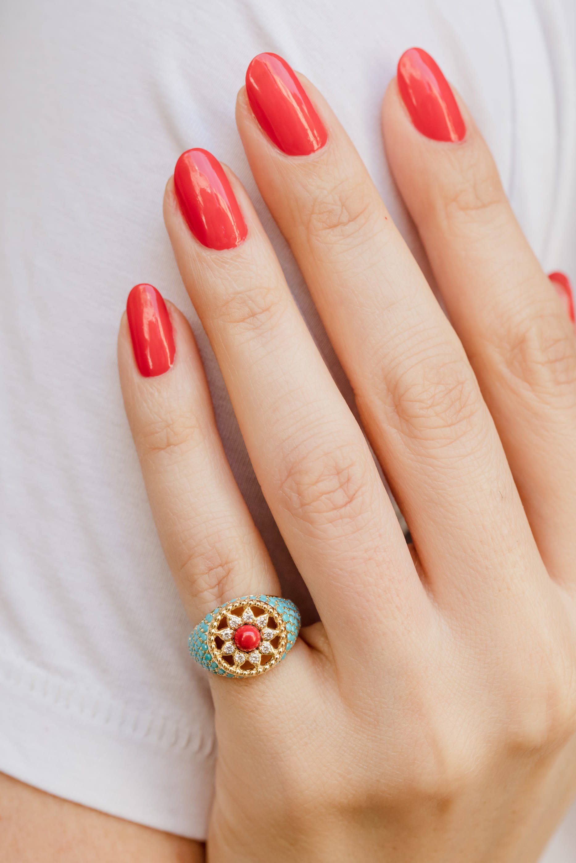 Arabesque Pinky Ring, 18k Yellow Gold with Turquoise, Mother-of-Pearl, Coral & Diamonds