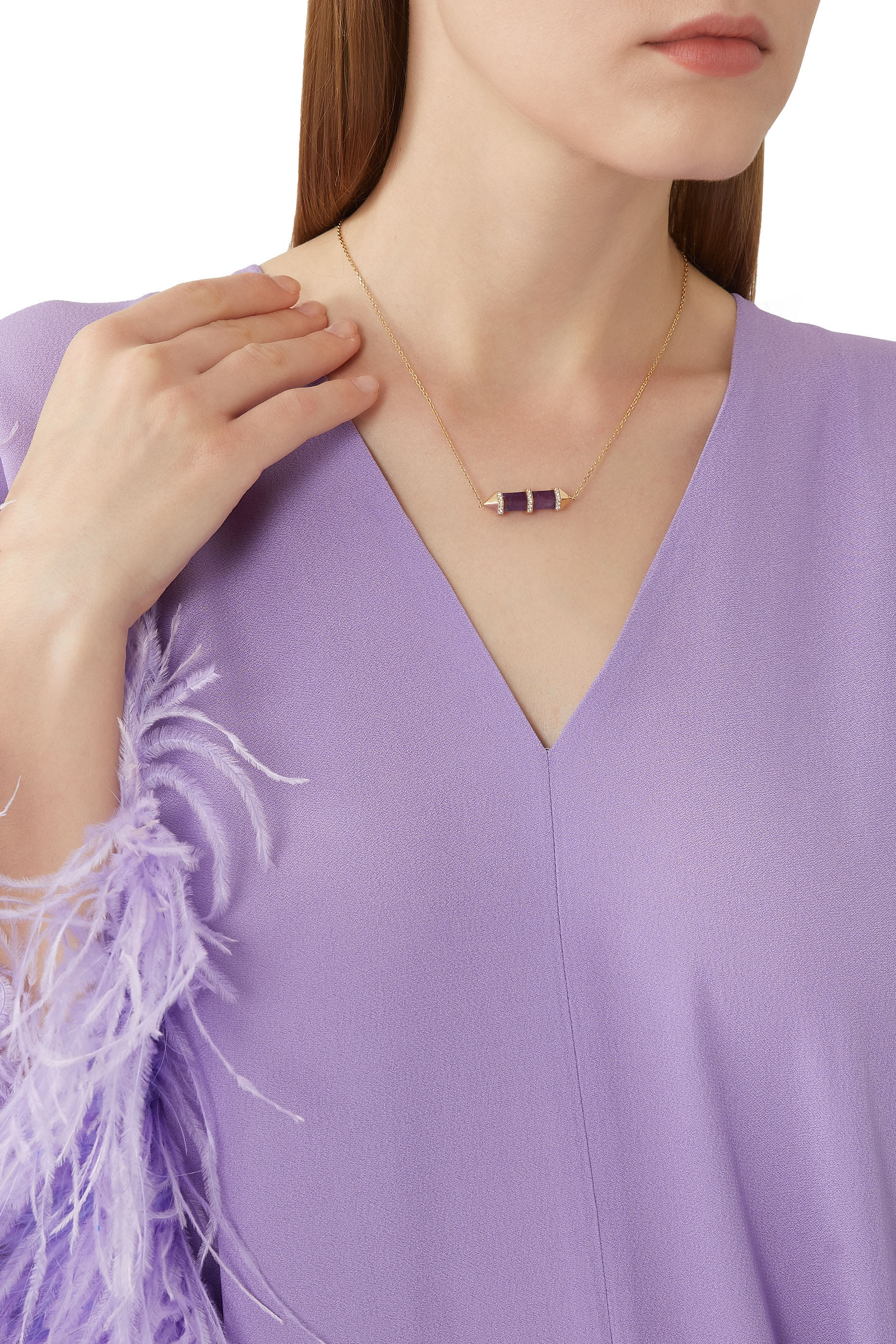 Horizontal Chakra Necklace, 18k Yellow Gold with Diamonds & Amethyst