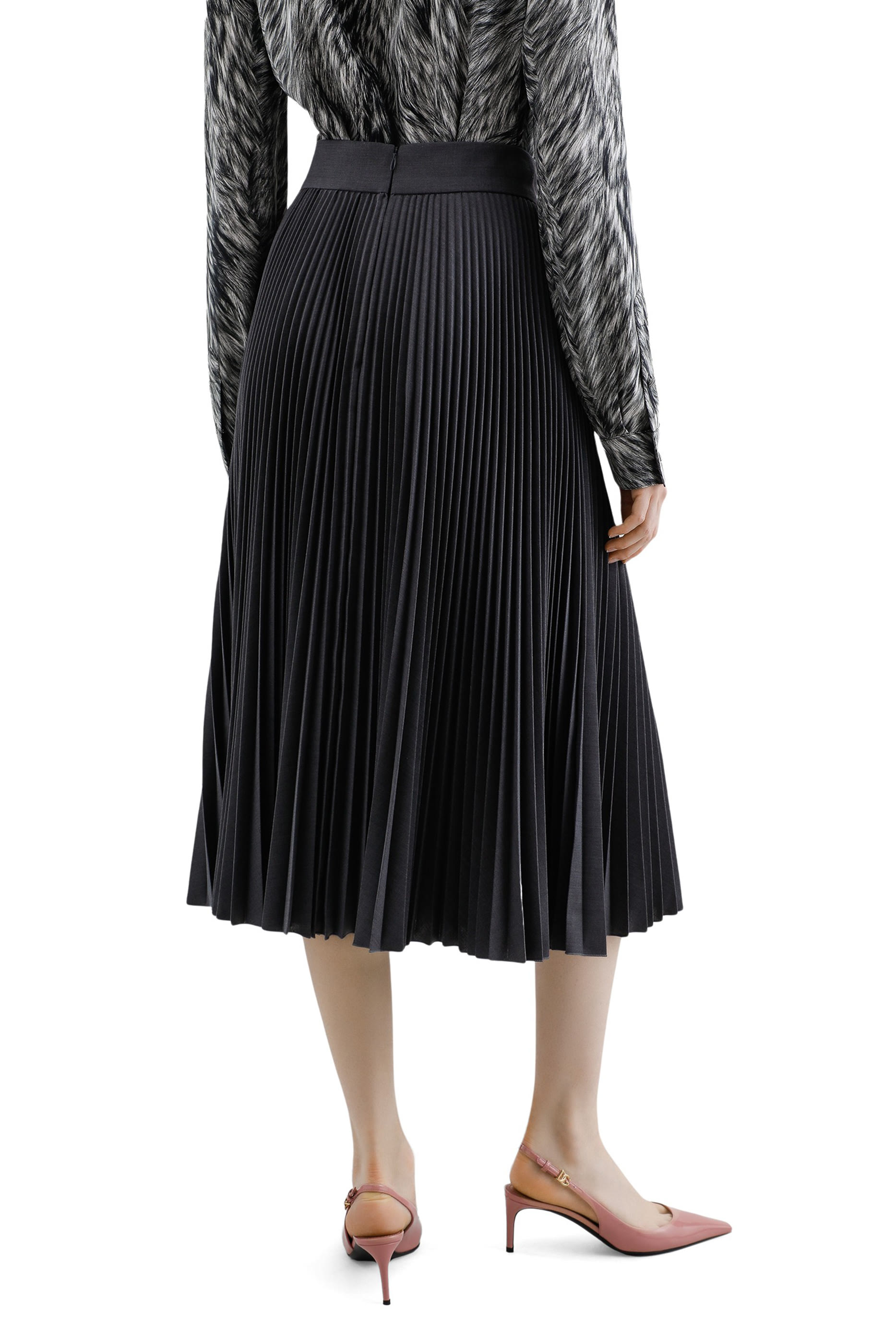 Pleated Woolen Calf-Length Skirt