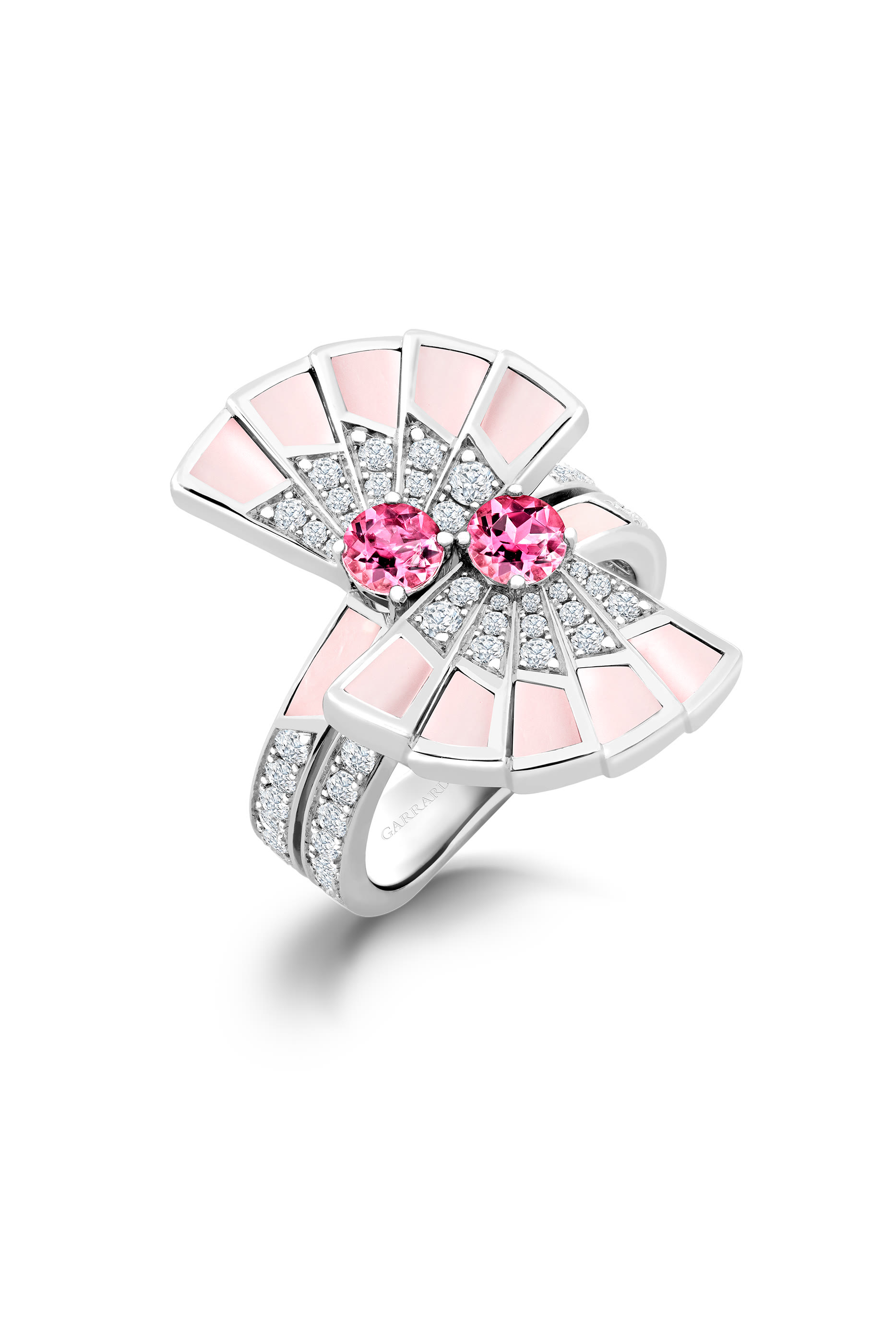 Fanfare Symphony Double Pink Tourmaline and Pink Opal Ring, 18K White Gold, Tourmaline & Diamonds