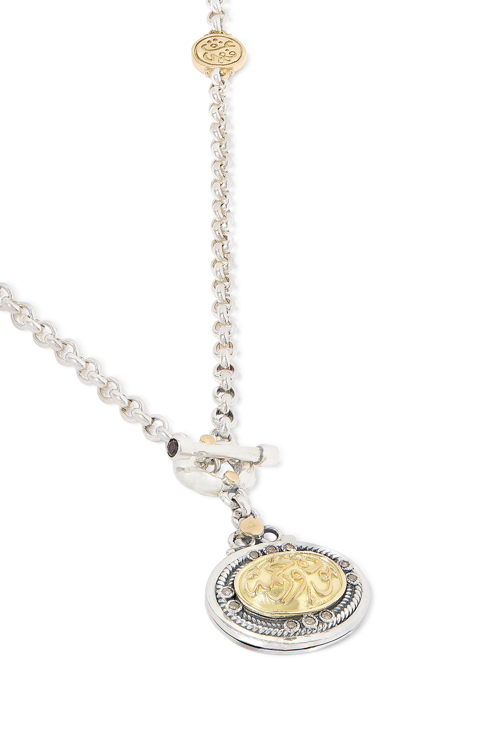 T-Lock Calligraphy Necklace, 18k Yellow Gold & Sterling Silver with Garnet & Diamonds