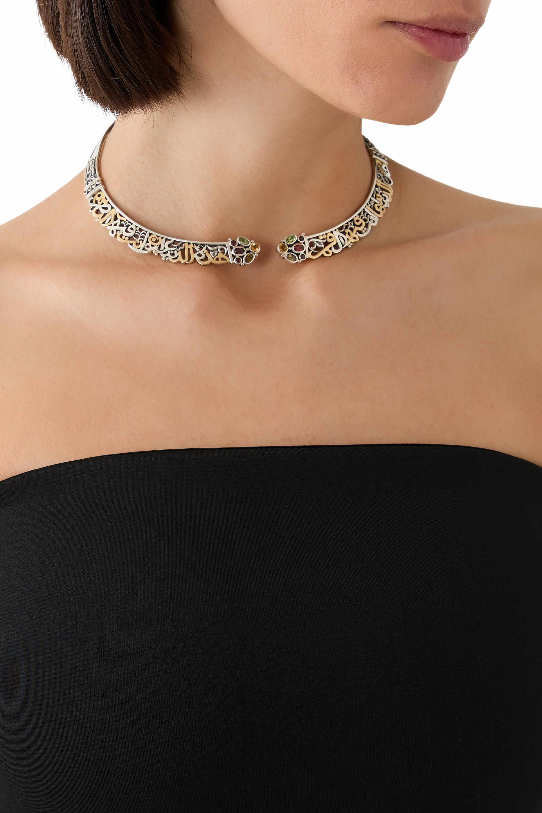Poetry Floral Choker, 18k Yellow Gold, Sterling Silver & Garnet, Aquamarine, Tourmaline