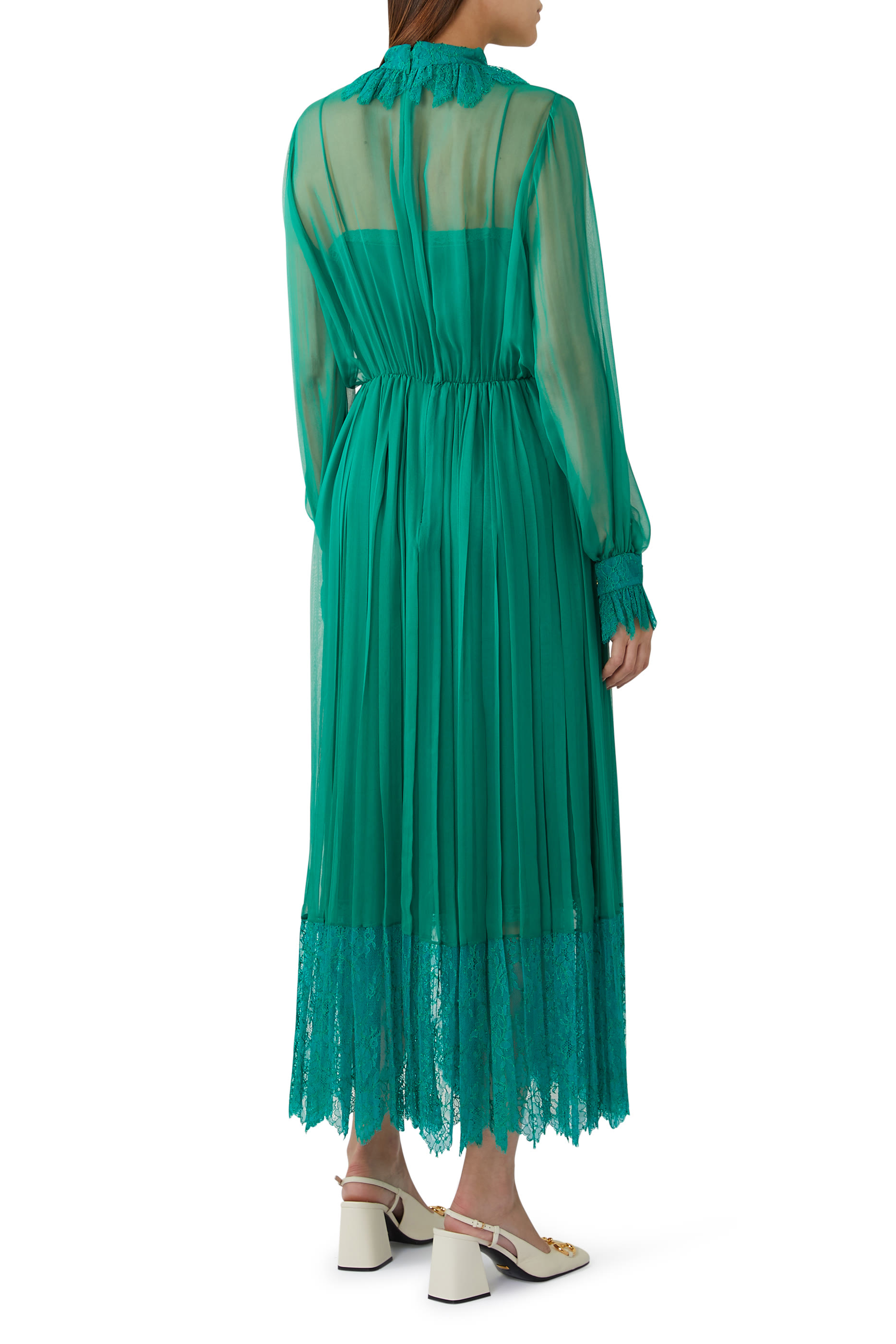Silk Chiffon Dress with Lace Trim