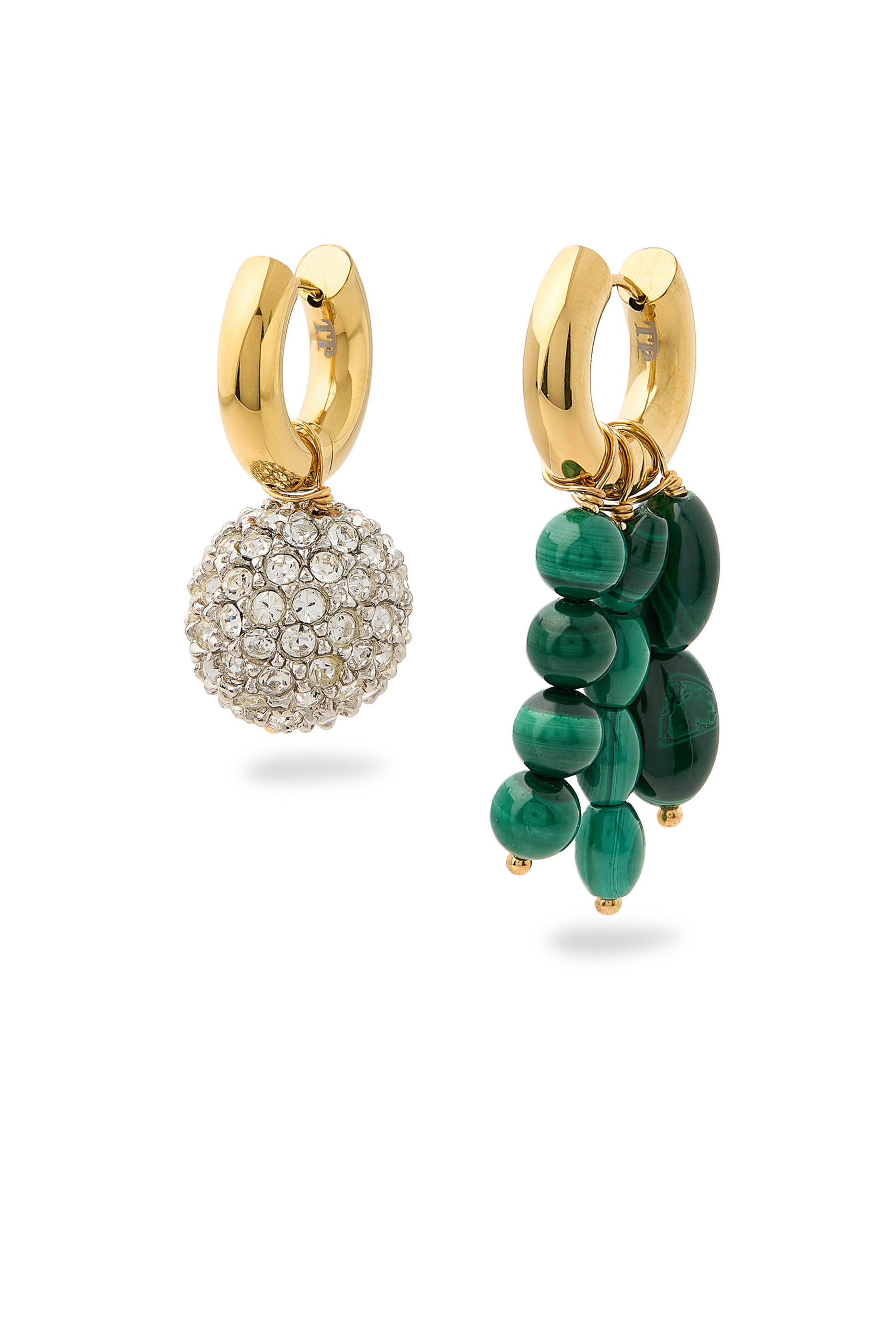 Mismatched Earrings,  24K Gold-Plated Brass with Strass & Malachite