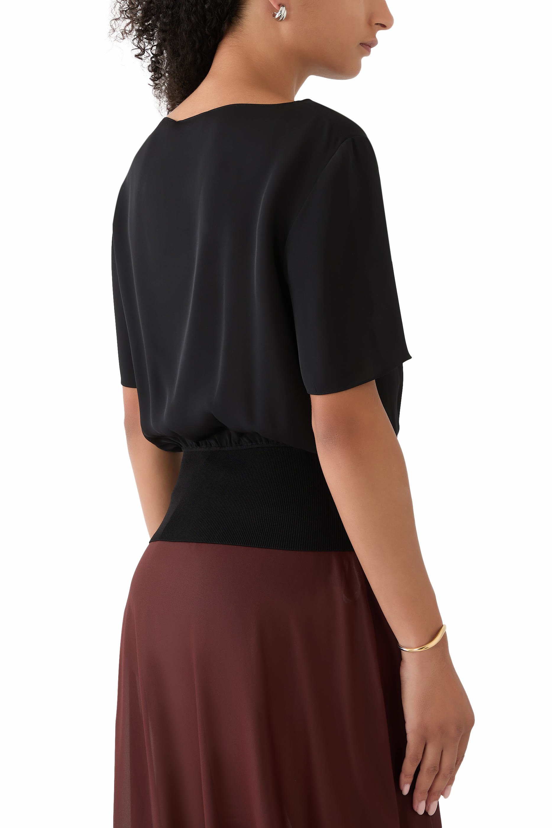 Ribbed Hem Silk Blouse