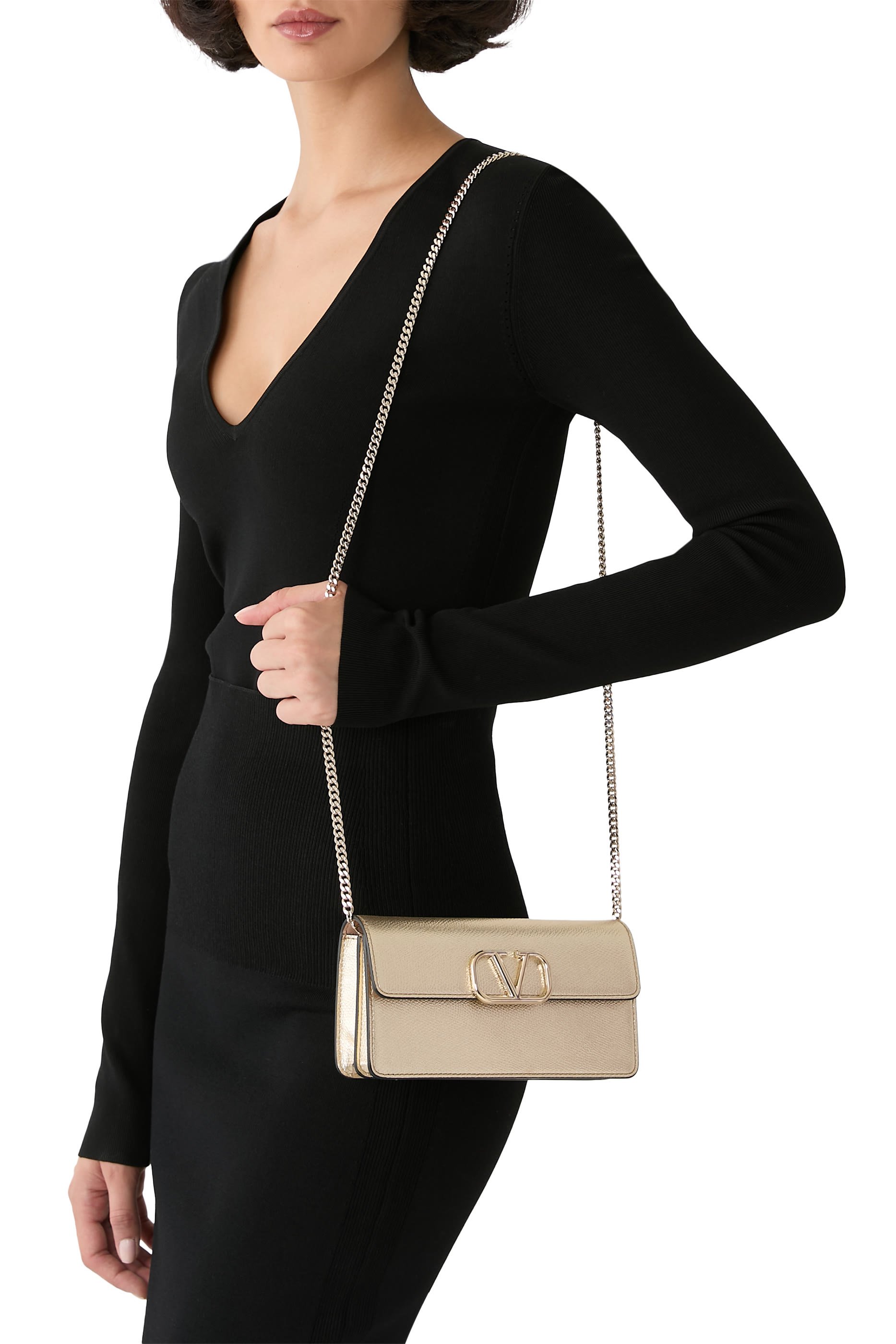 VLogo Signature Metallic Grainy Calfskin Wallet With Chain