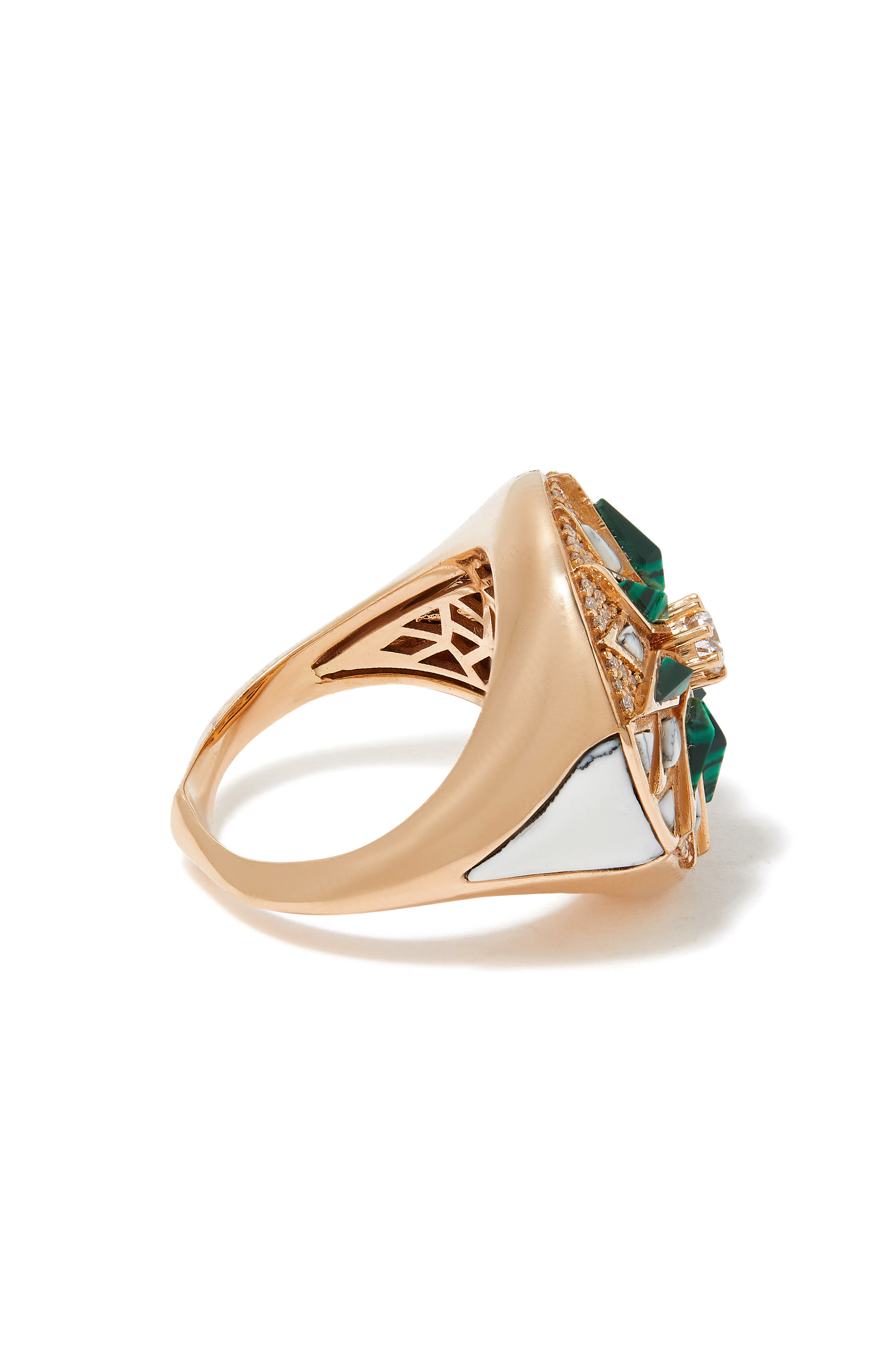 Nord Ring, 18k Rose Gold, Diamonds, White Agate & Malachite