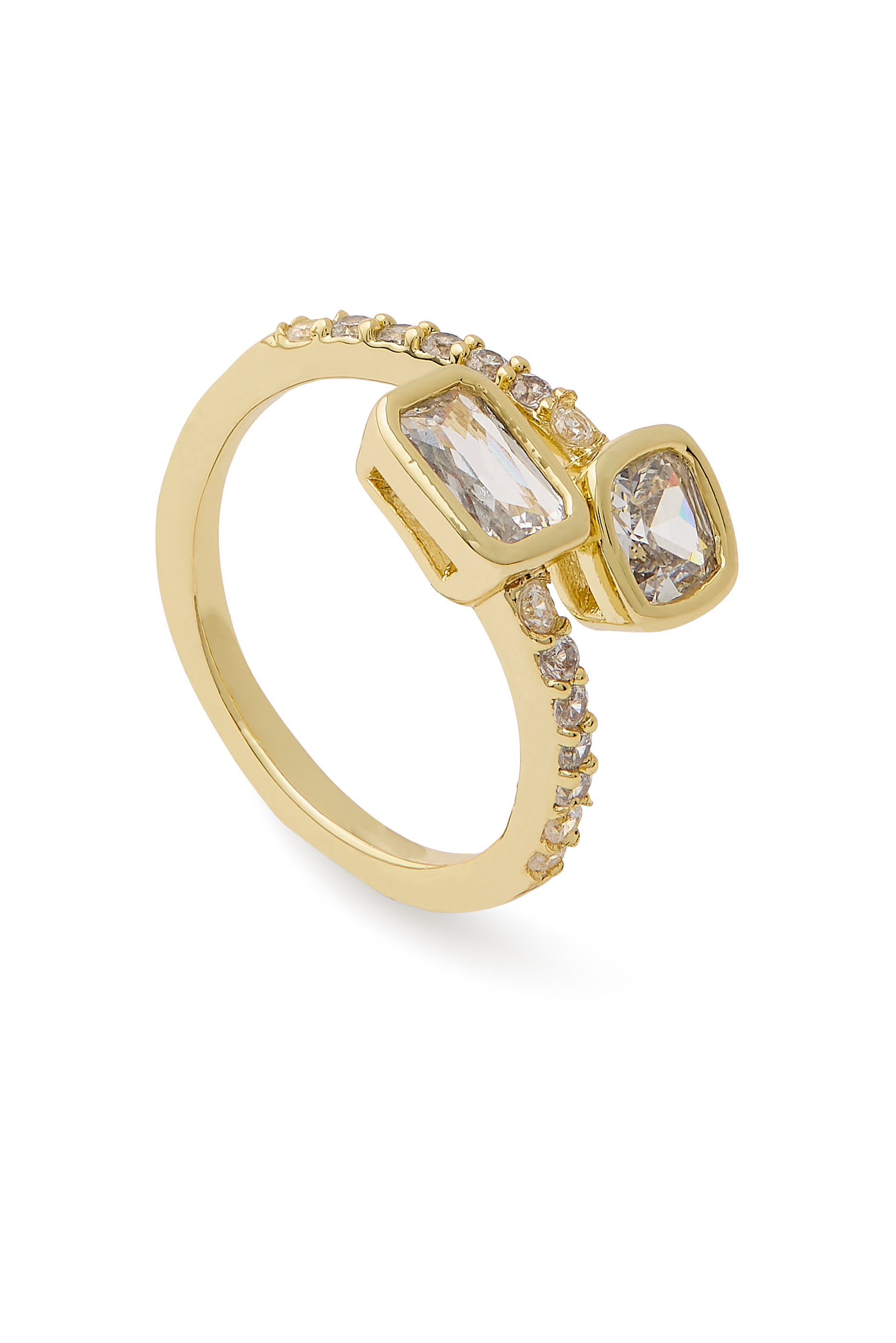  Bypassing Emerald Bezel Pav&eacute; Open Ring, Gold-Plated Brass & Cubic Zirconia