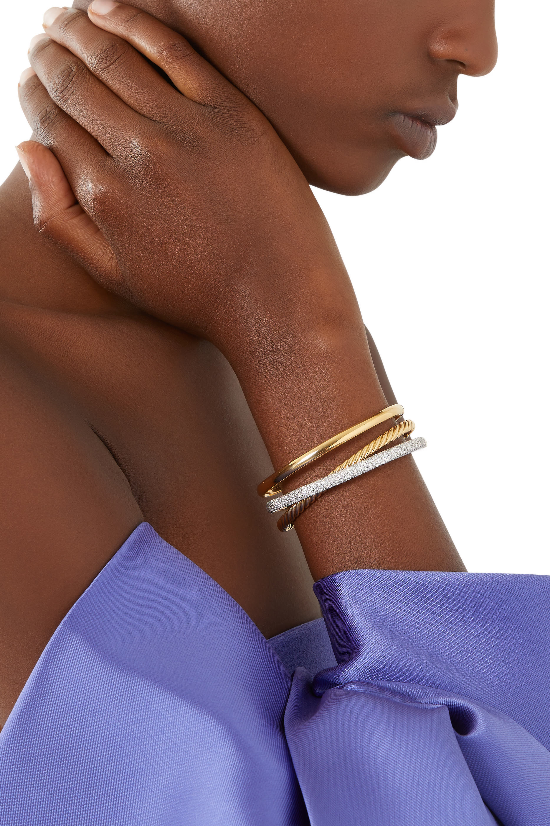 Pav&eacute; Crossover Three Row Cuff Bracelet, 18k Yellow Gold & Diamonds