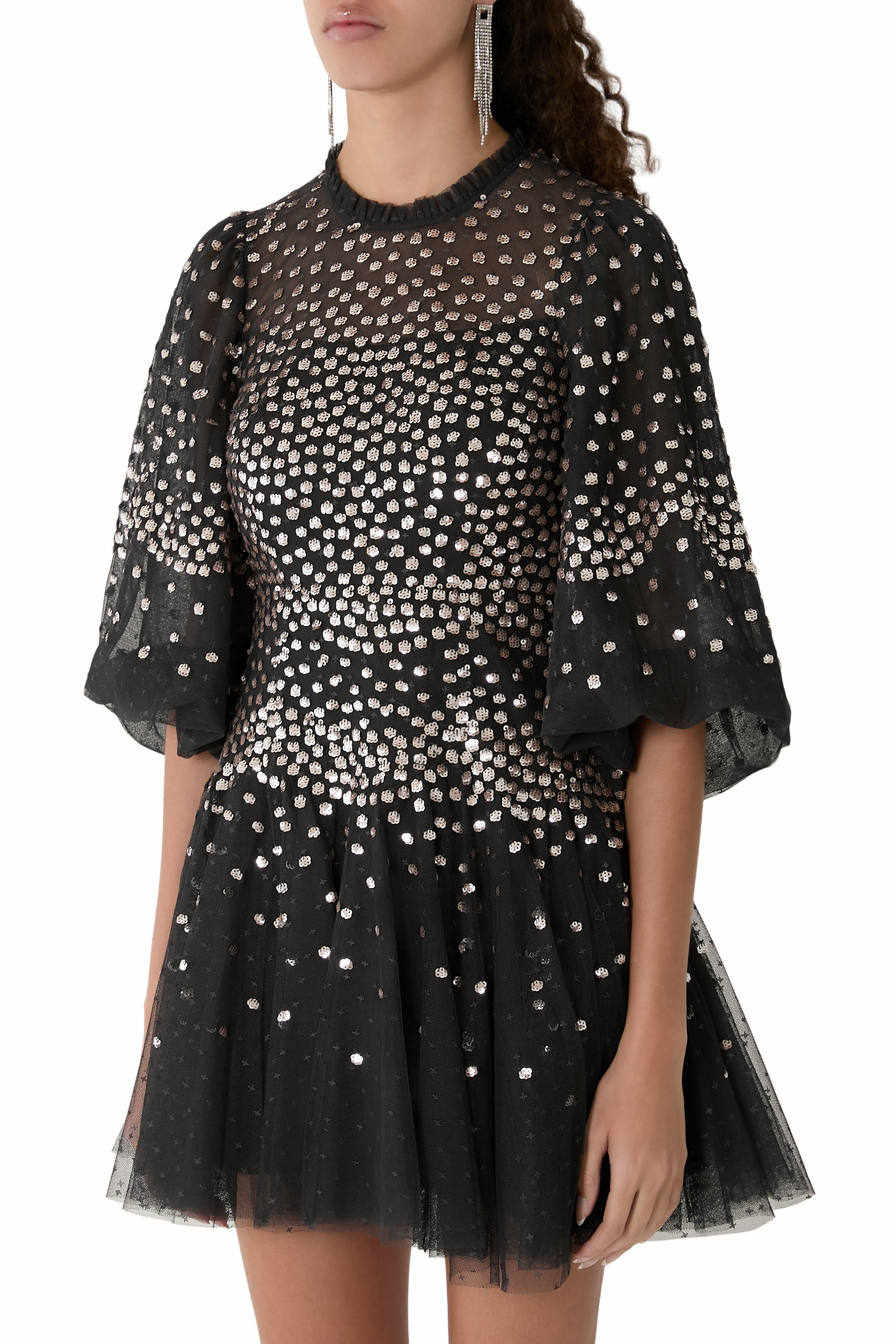Scallop Sequin Round Neck Micro Mini Dress