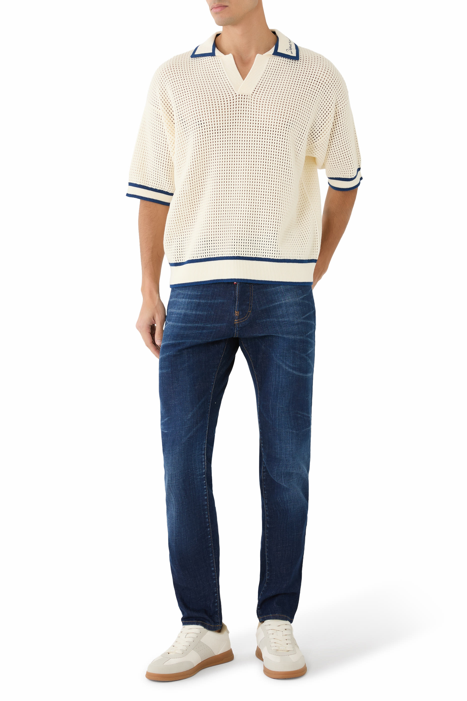  Open Work Knit Polo T-Shirt