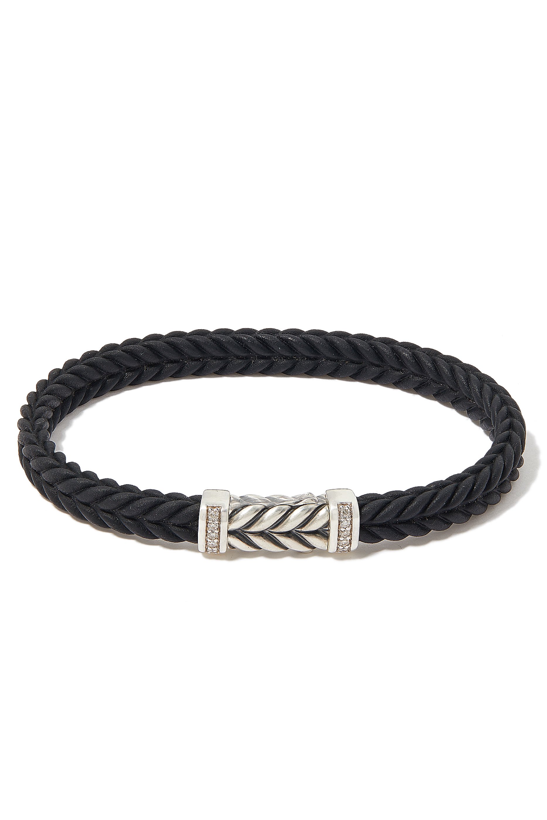 Chevron Woven Rubber Bracelet , Sterling Silver & Pav&eacute;-set Black Diamonds