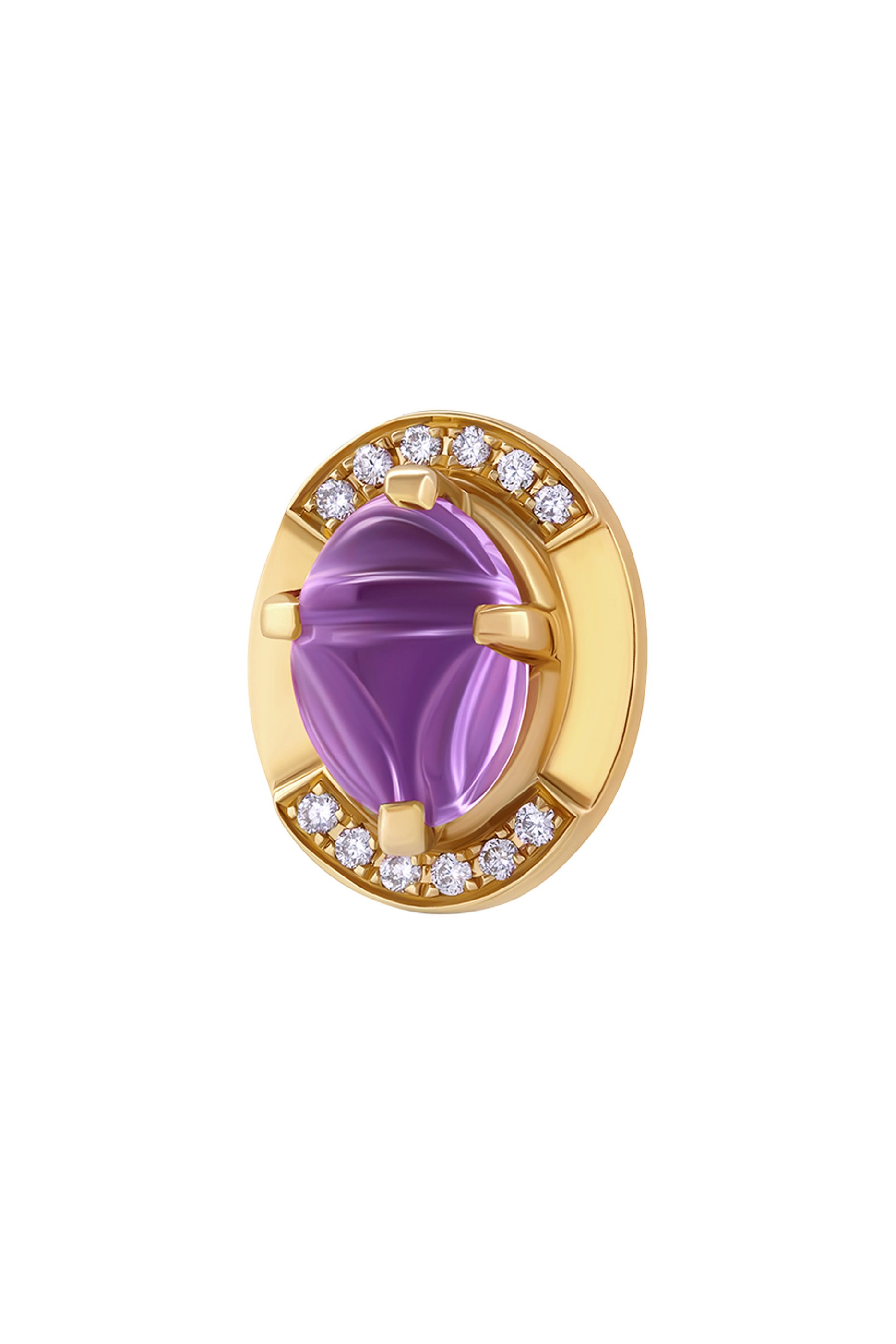 Scarab Stone Stud Earring, 18k Yellow Gold with Amethyst & Diamond