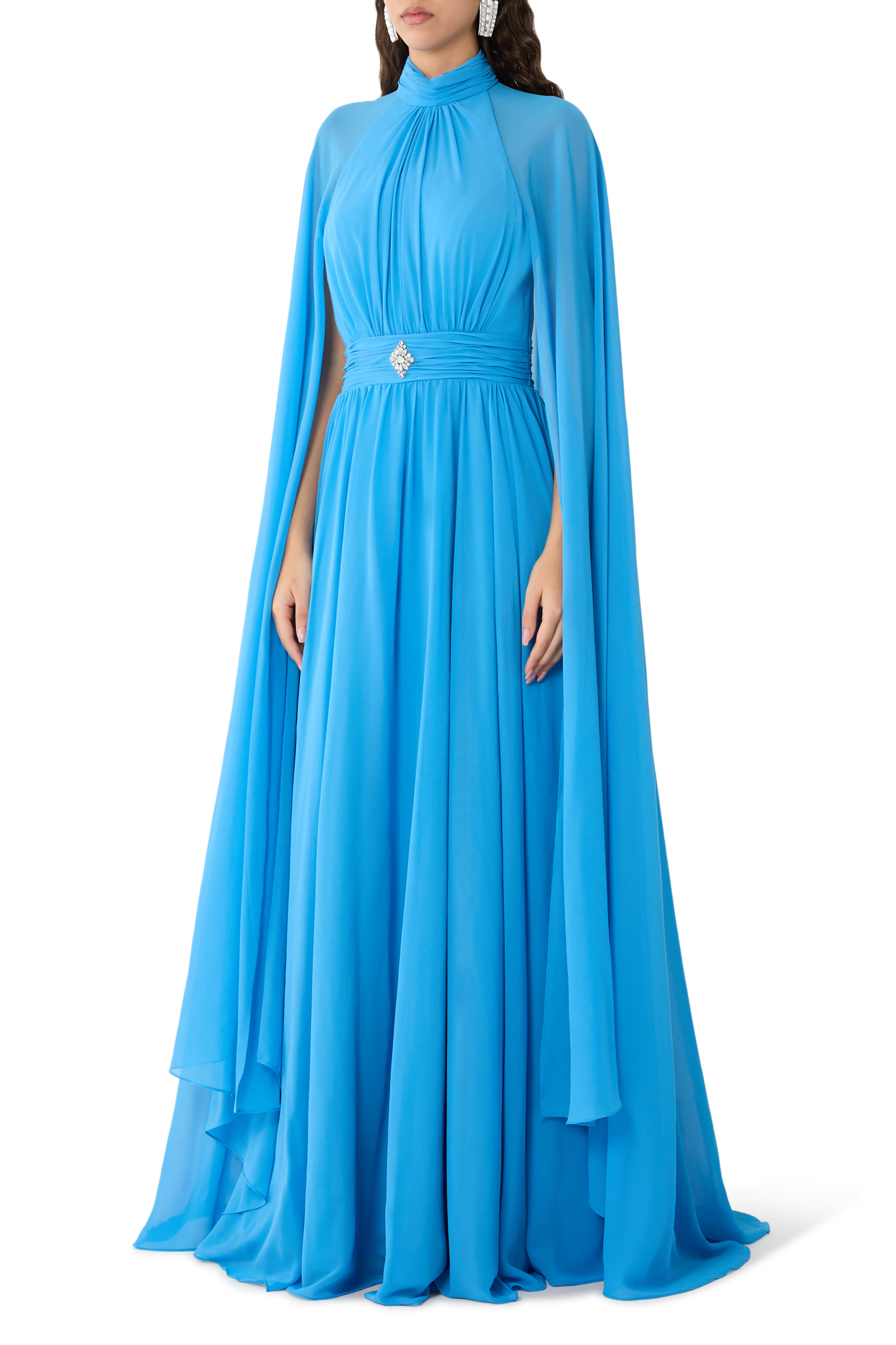 Mock Neck Halter Chiffon Cape Gown