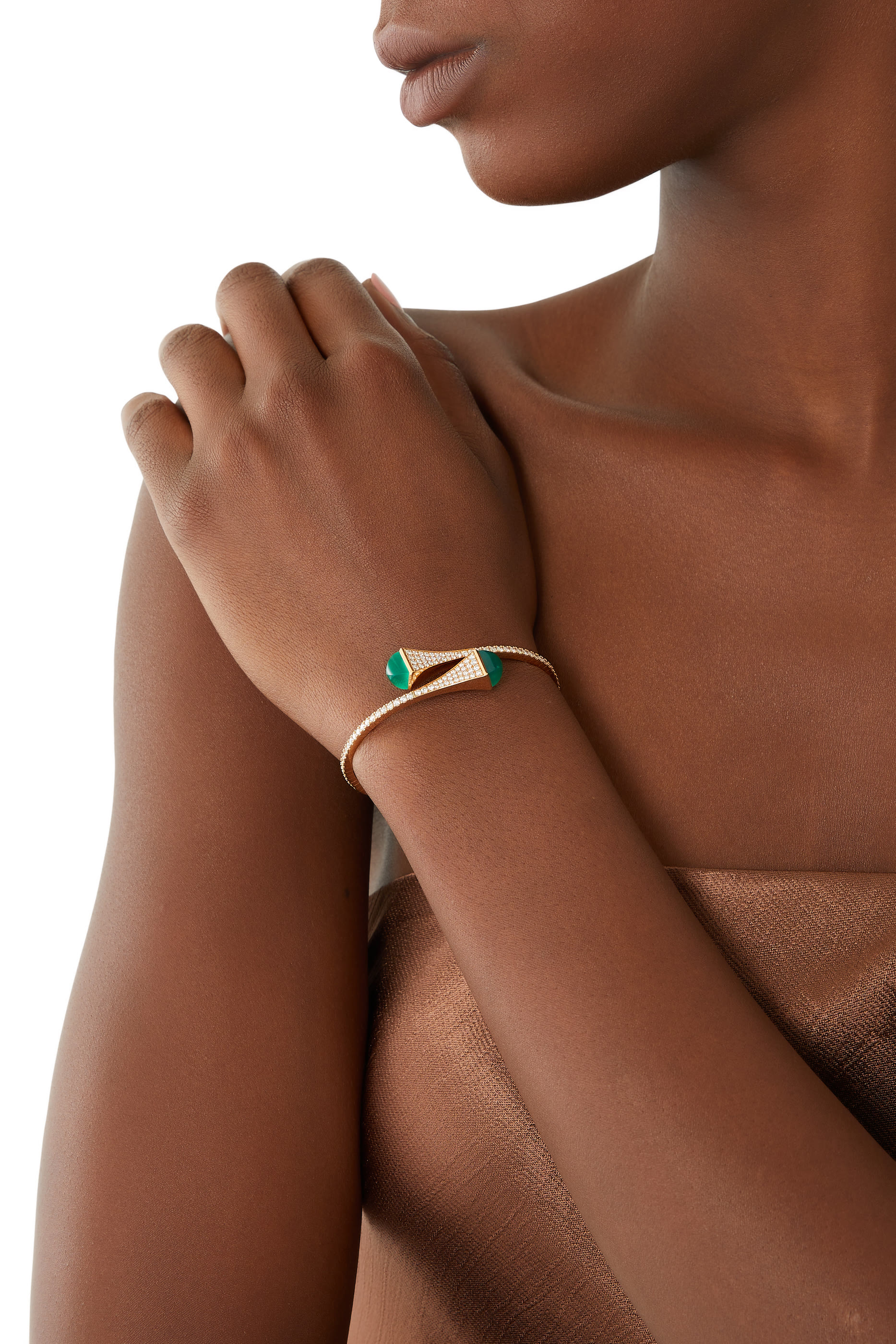 Cleo Slip-On Bracelet, 18k Pink Gold with Diamonds & Green Agate