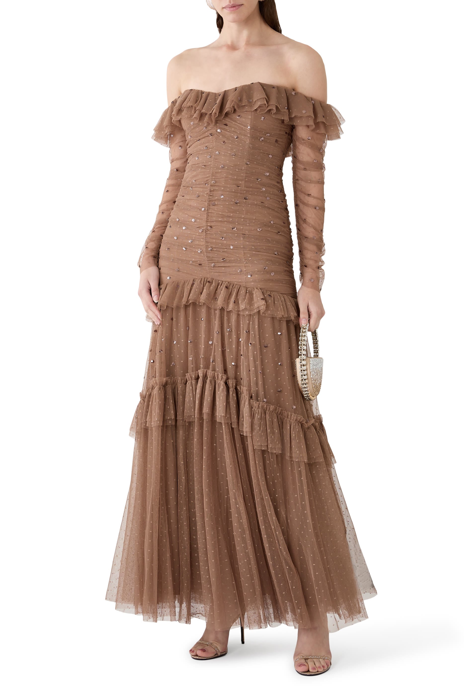 Sequin Glimmer Rouched Off-Shoulder Gown