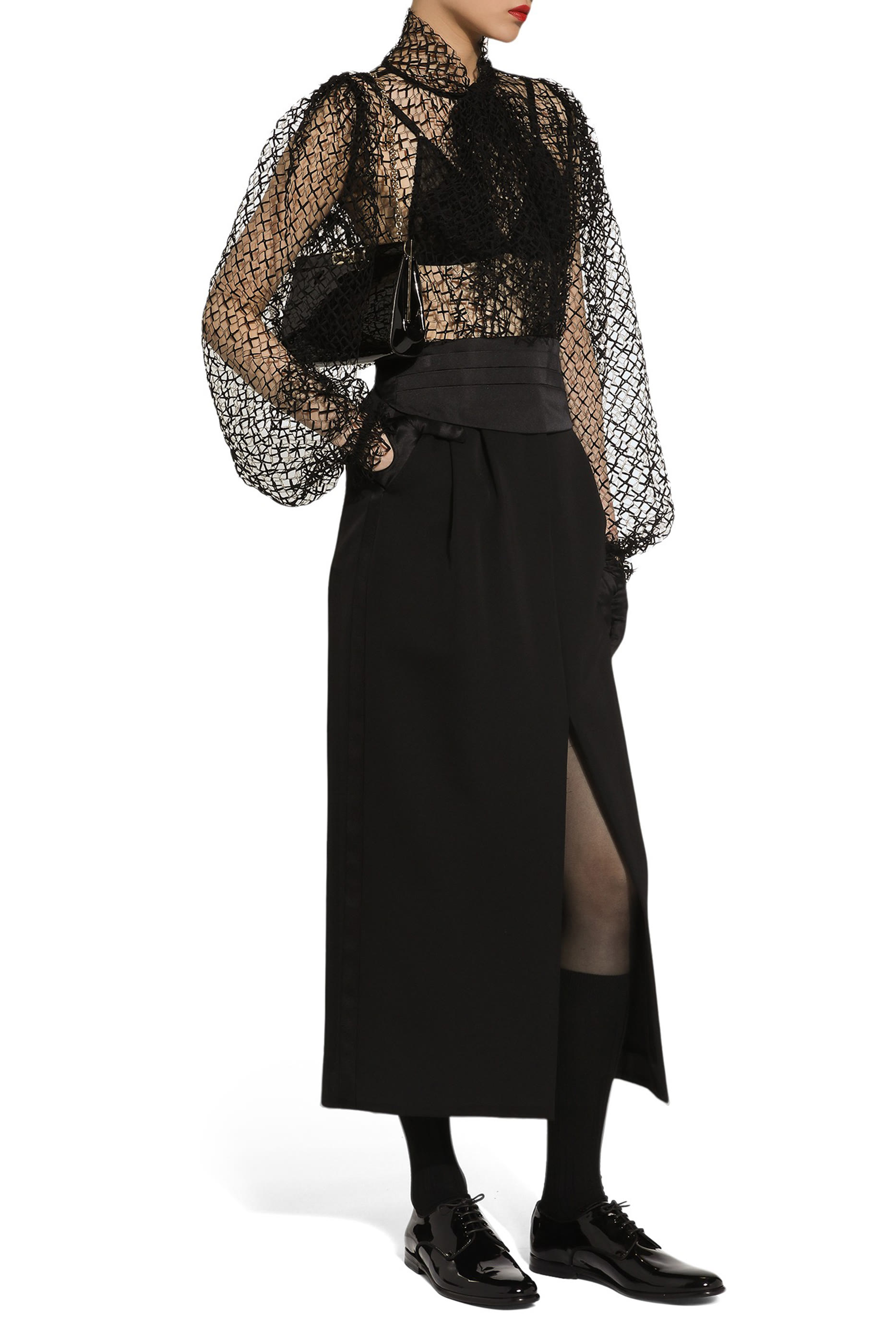 Wool Gabardine Calf-Length Tuxedo Pencil Skirt