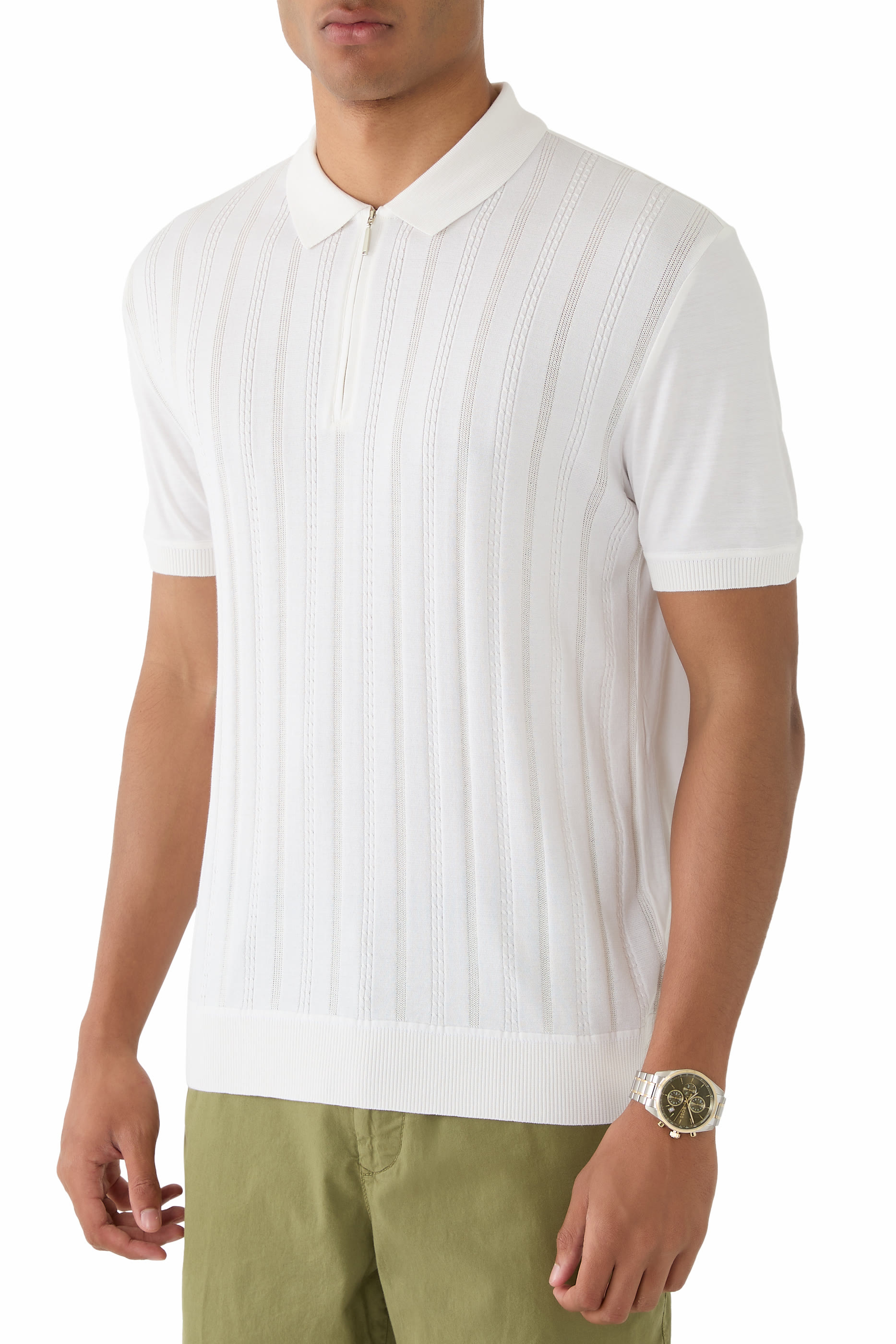 Cabled Front Cotton-Silk Knit Polo