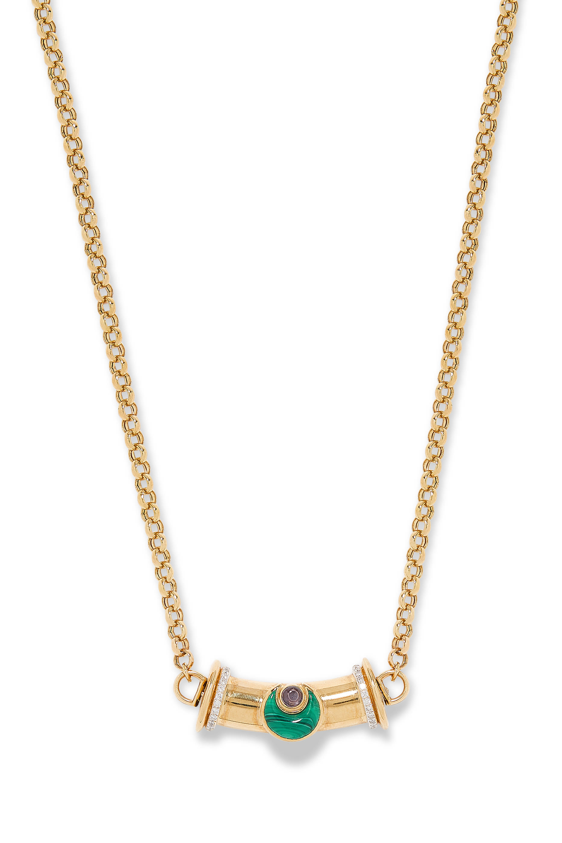 Warrior Moon Necklace, 18k Yellow Gold with Diamonds, Malachite & Amethyst