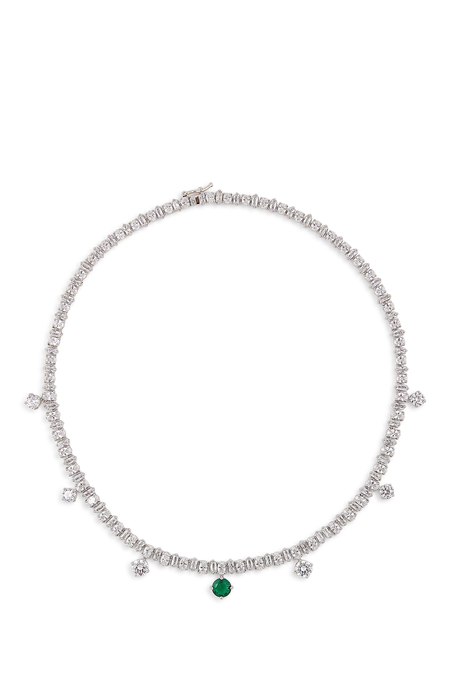 Emerald Drop CZ Tennis Necklace,  Rhodium-Plated Brass & Cubic Zirconia