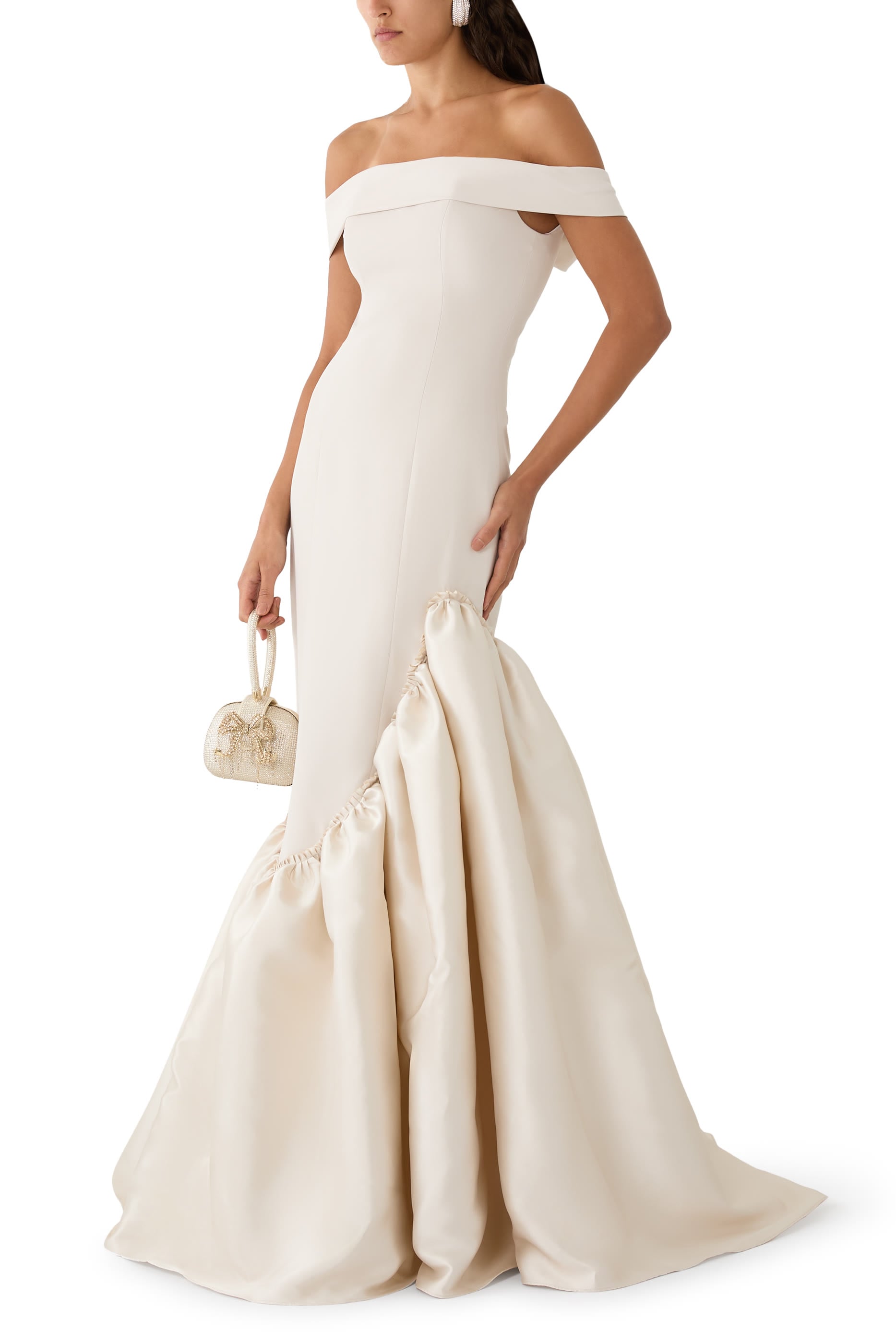 Off-Shoulder Slim Cut Crepe Gown With Asymmetrical Trumpet Mikado Skirt