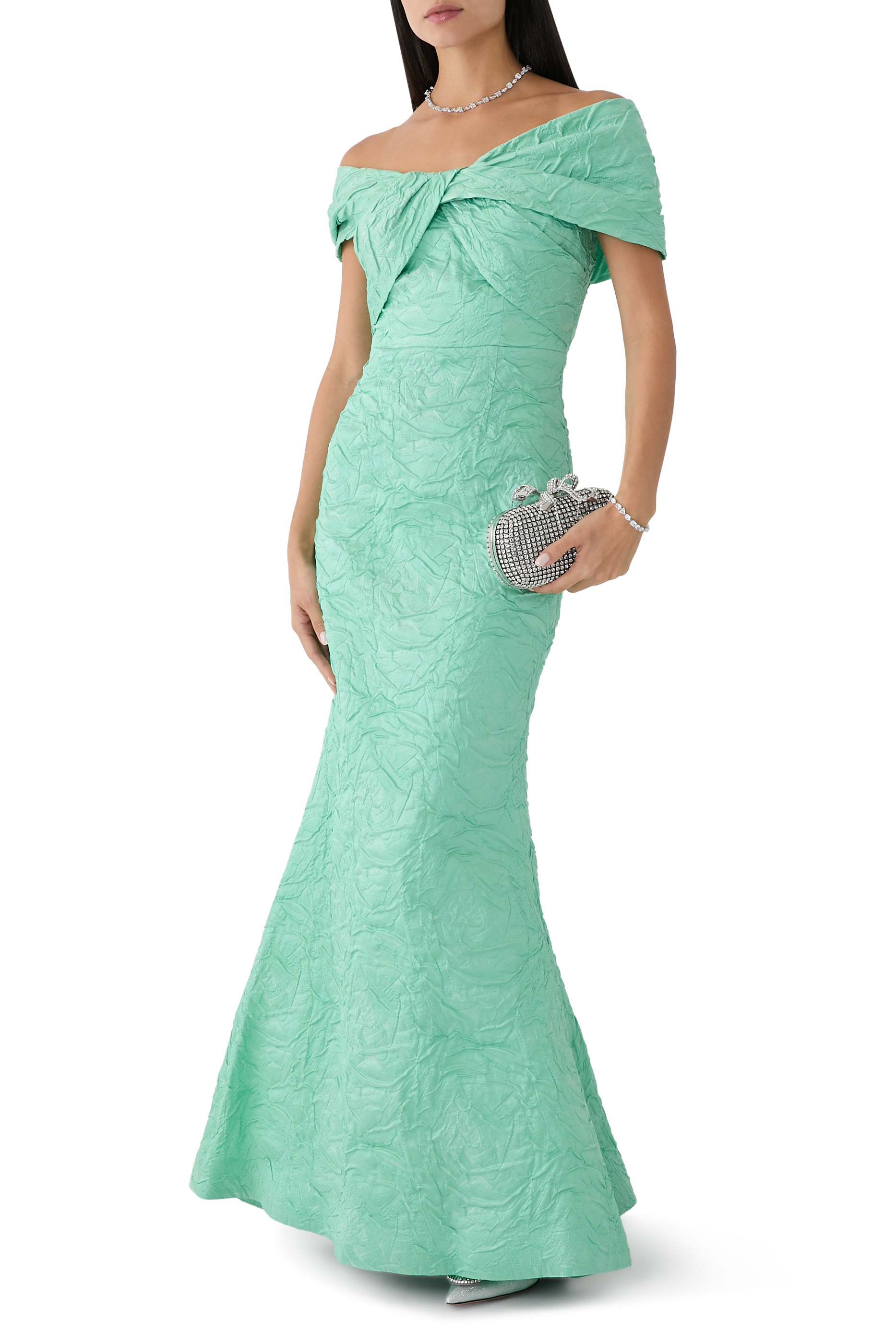 Embossed Jacquard Twist Bodice Gown