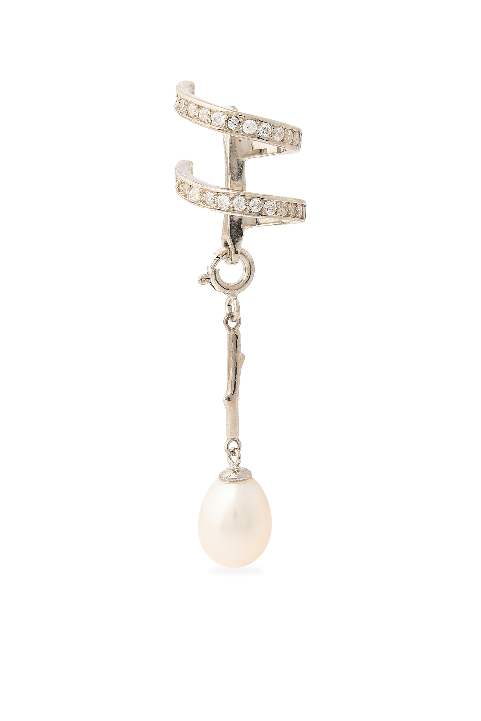 Encrusted Spiral Pear Drop Single Earcuff, 925 Sterling Silver & Pearl