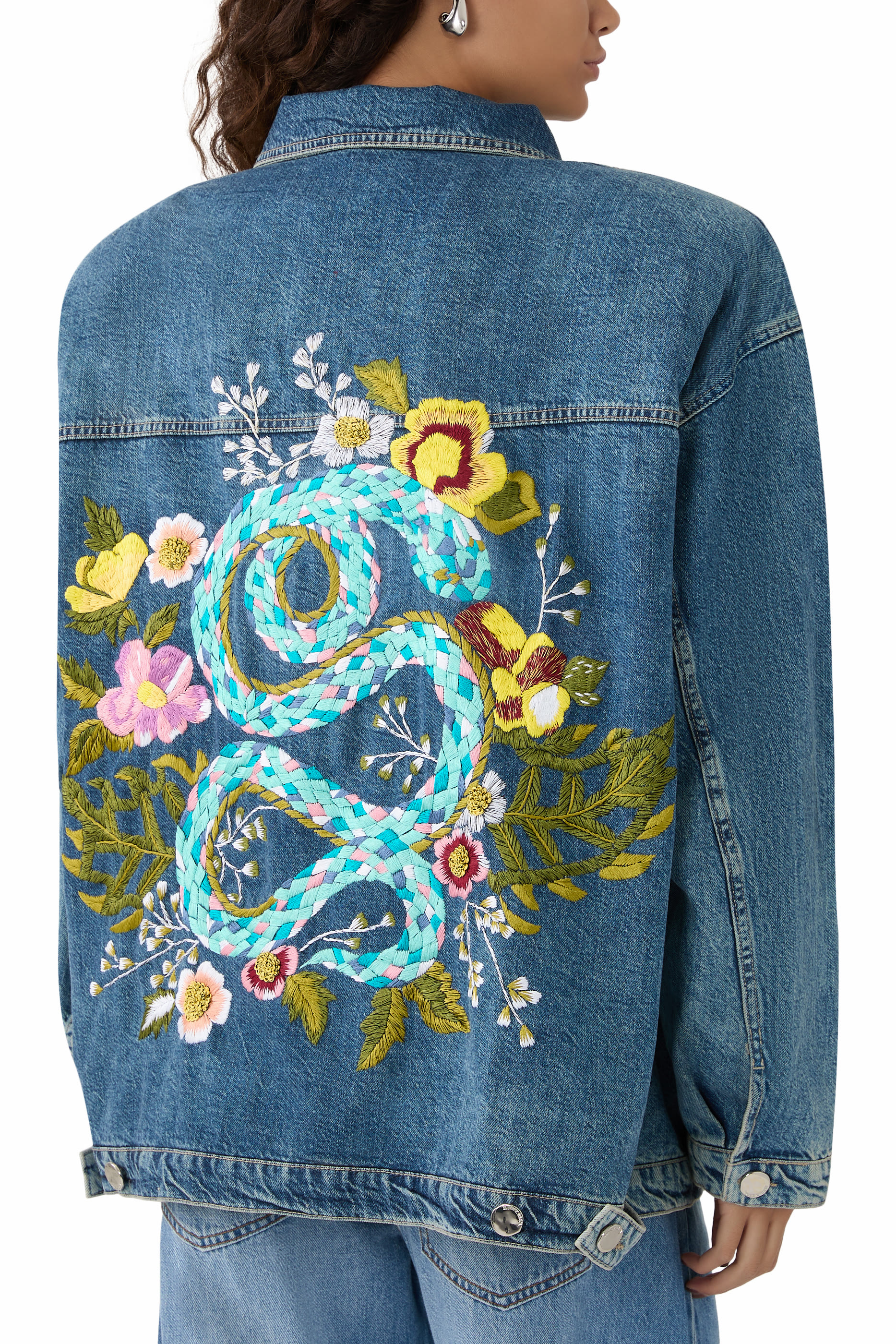 Snake Hand Embroidered Oversized Denim Jacket