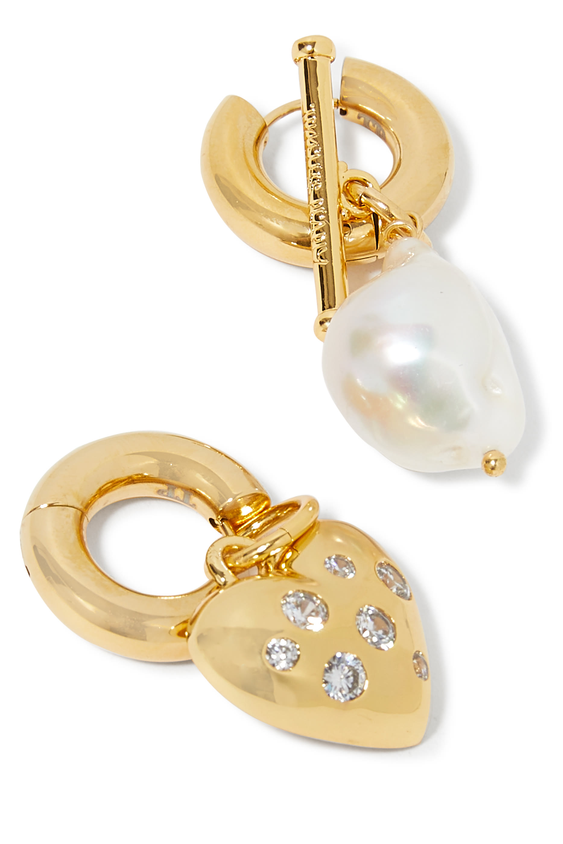 Heart and Pearl Earrings,  24k Gold-Plated Brass with Pearl & Crystals