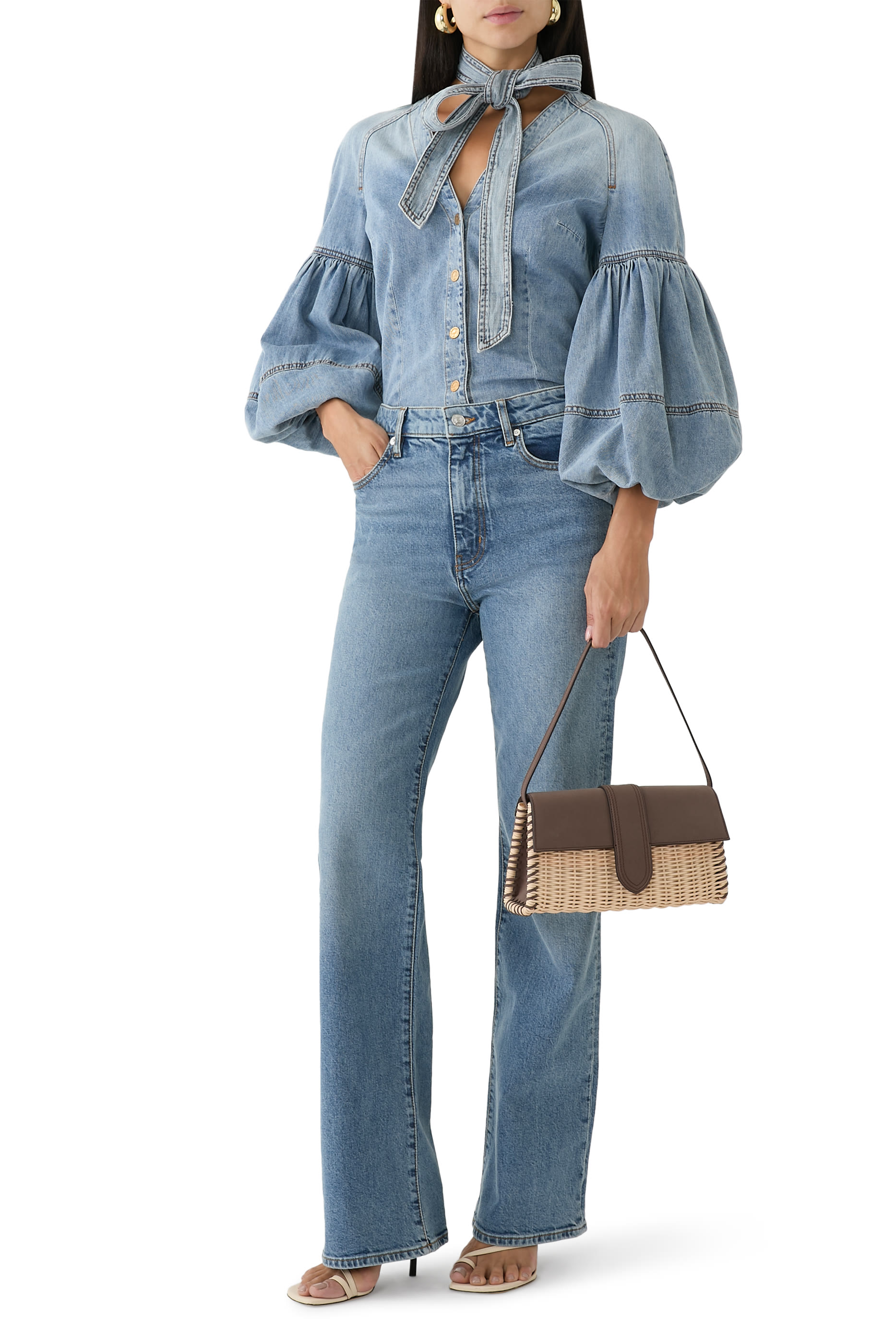 Tie Neck Denim Blouse