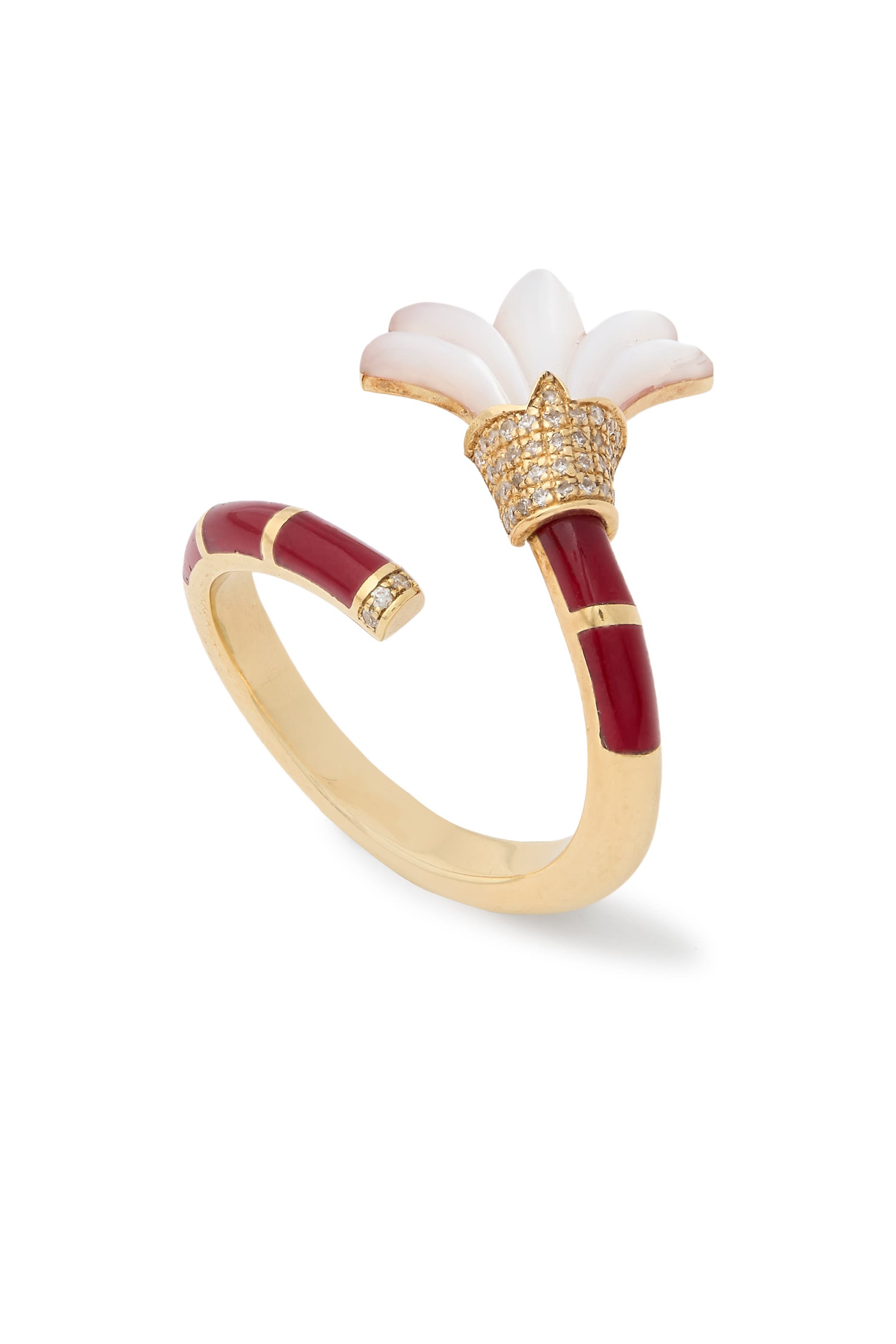 Flower Pinky Ring, 18k Yellow Gold with Diamonds & Mother Of Pearl