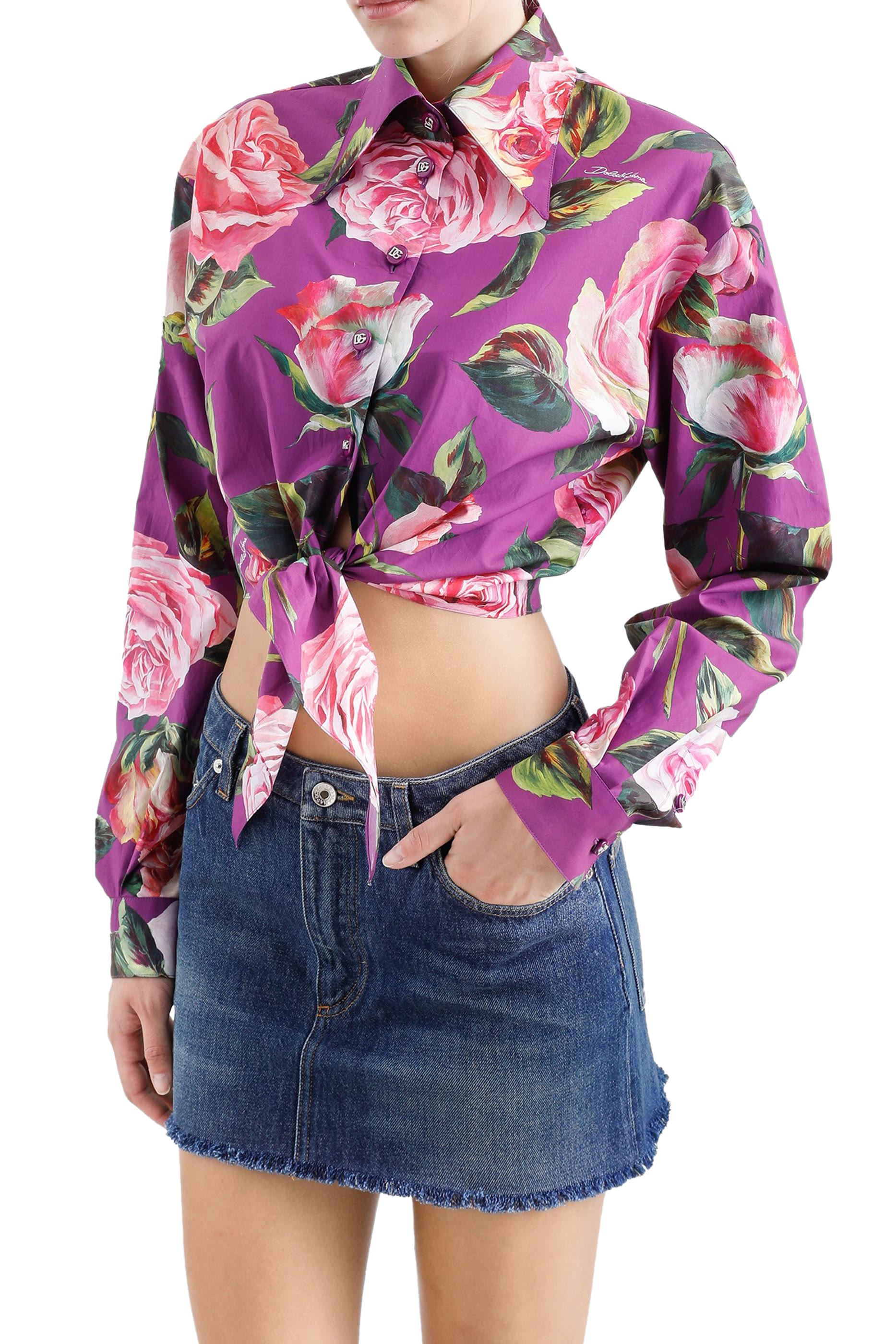 Rose Print Cotton Pussy-Bow Shirt