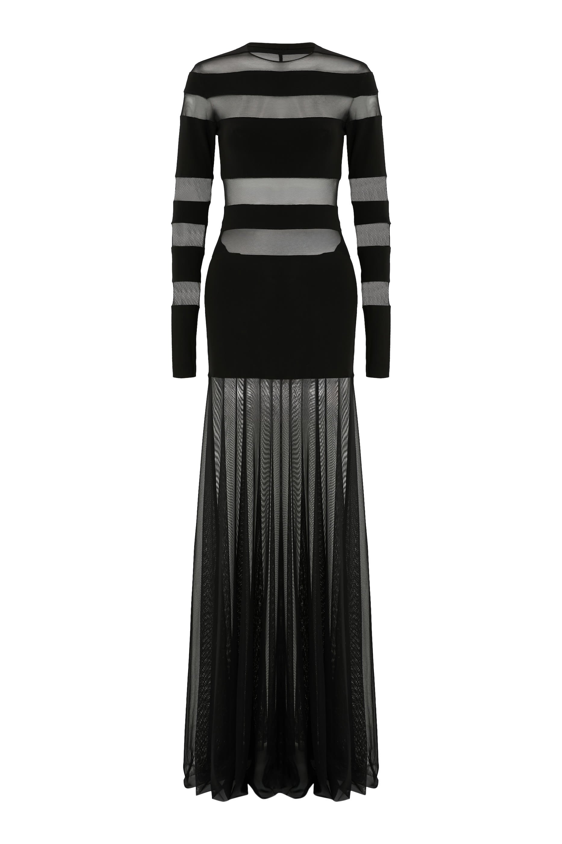 Spliced Long Sleeve Flared Gown with Mesh Skirt