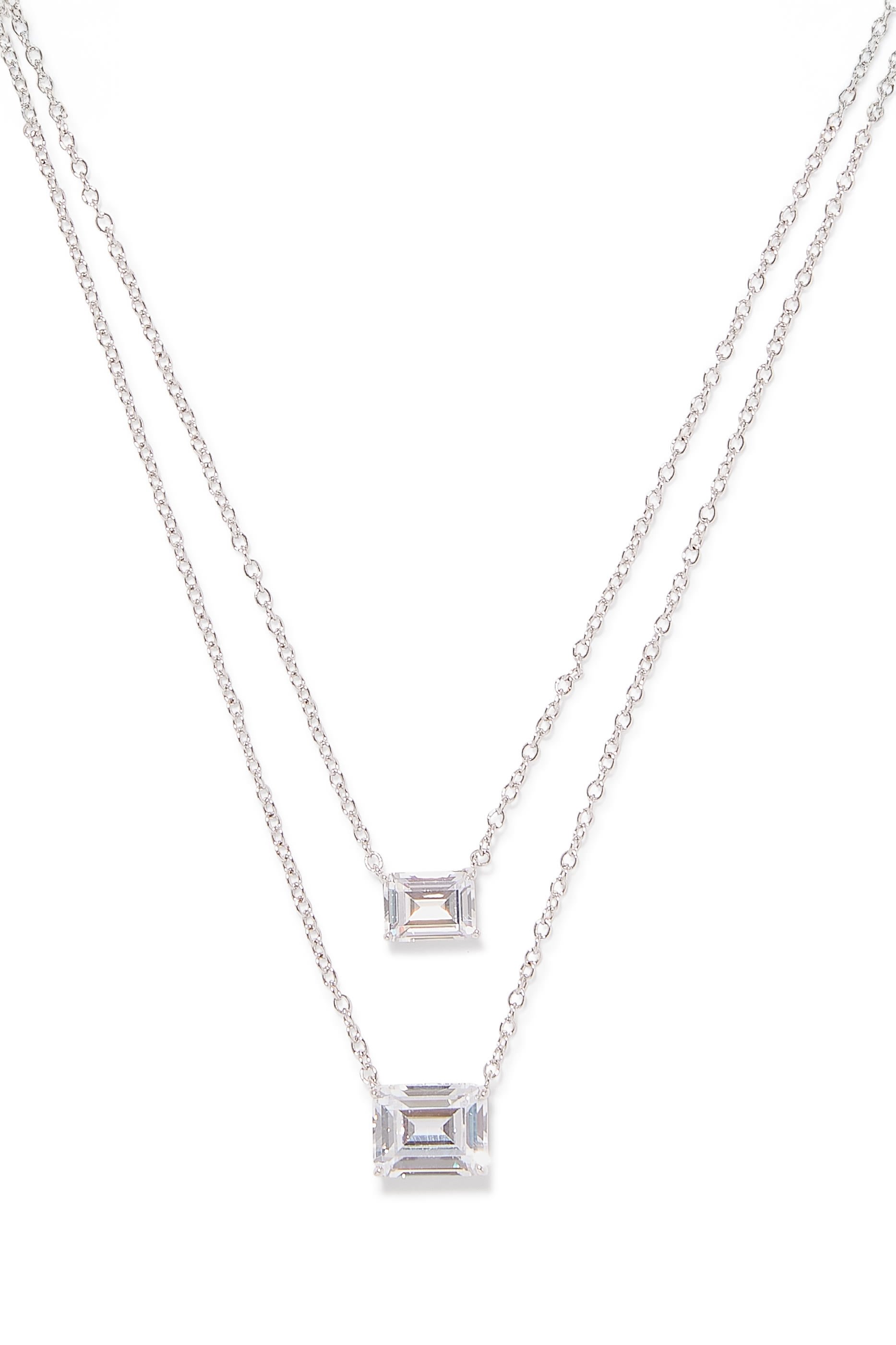  Double Layer Pendant Necklace, Rhodium-Plated Brass & Cubic Zirconia