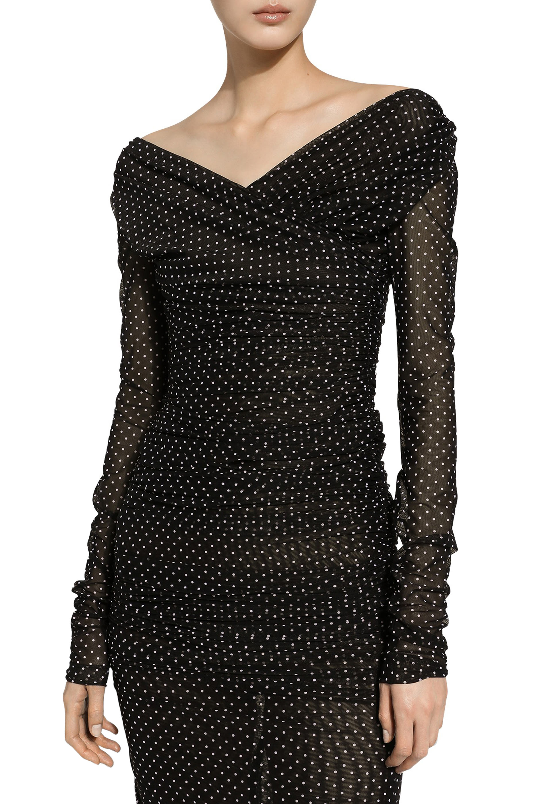 Tulle Calf-Length Dress with Draping and Polka-Dot Print