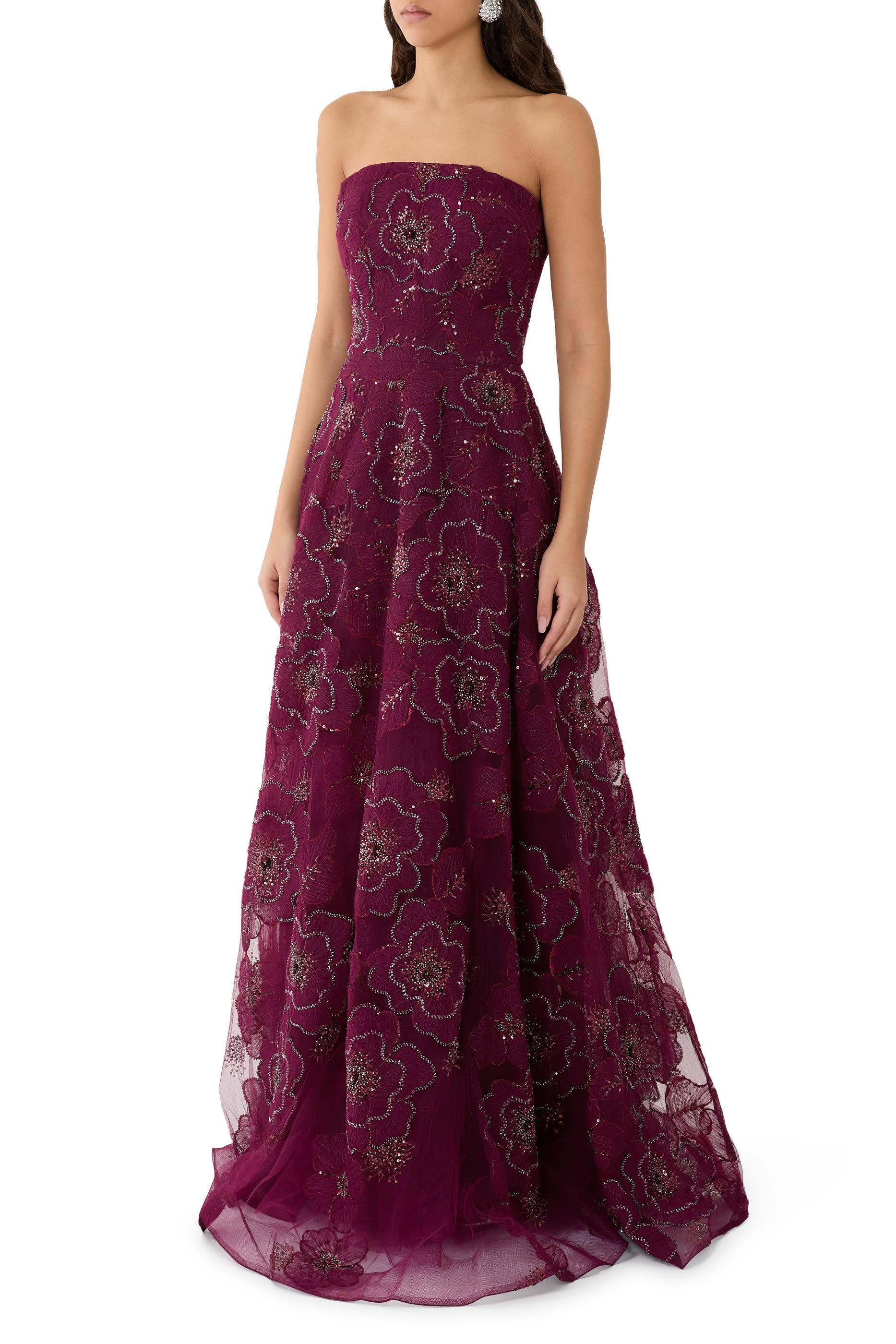 Strapless Ball Gown with Beaded Floral Appliqués 