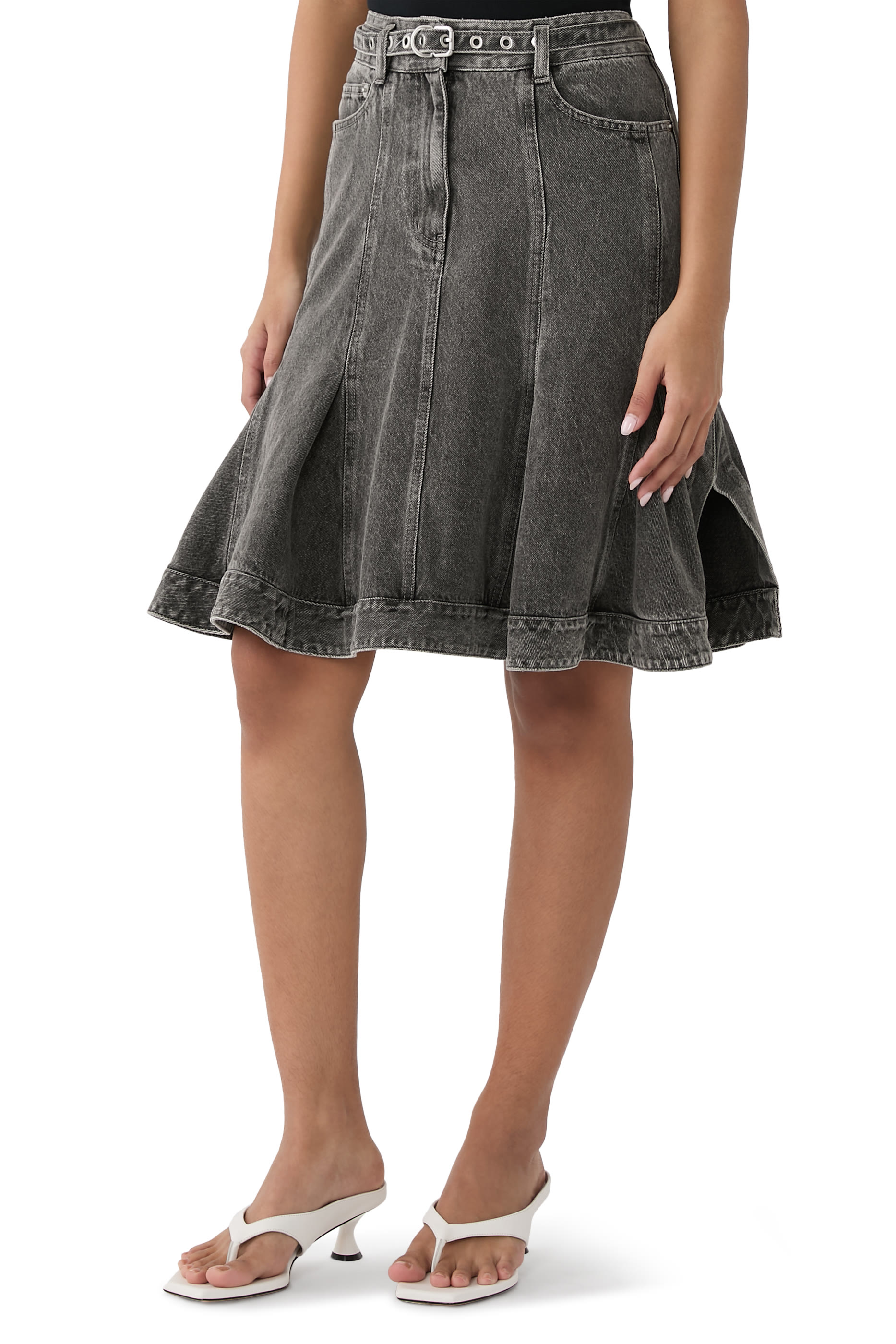 Flounce Hem Belted Denim Skirt