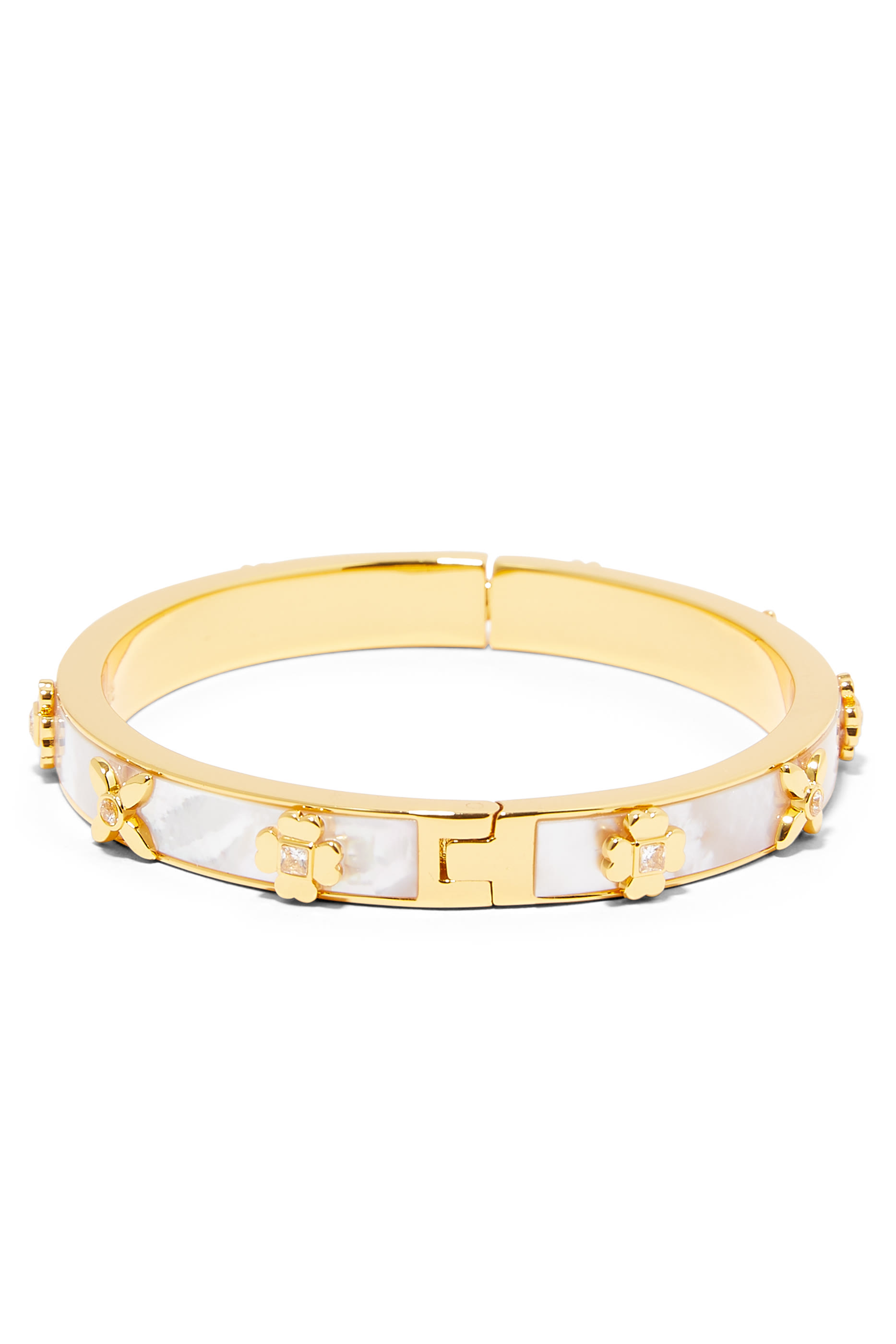 Heritage Bloom Hinged Bangle, Plated Metal With Cubic Zirconia & Mother of Pearl