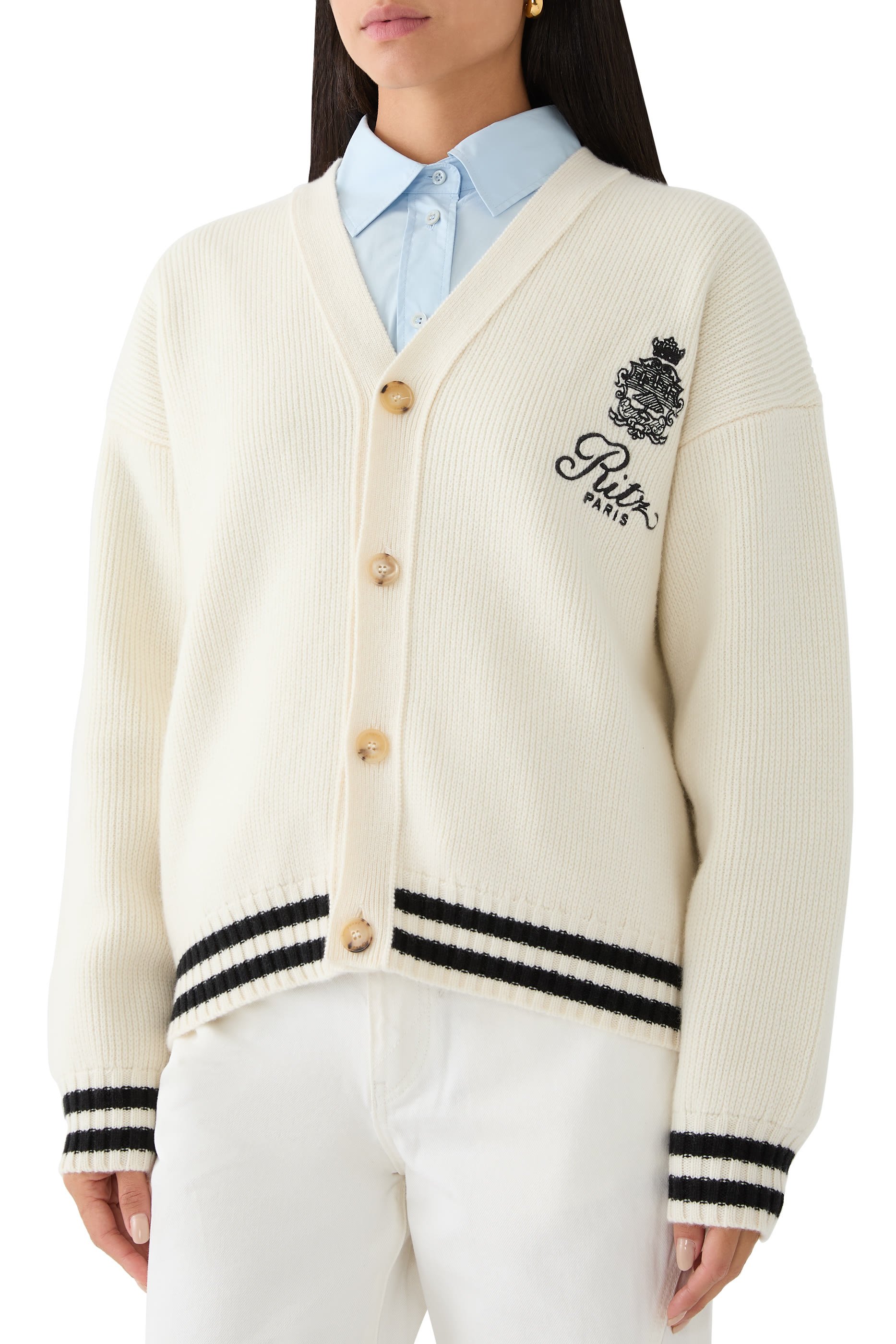 RITZ MEN'S EMBROIDERY CASHMERE CARDIGAN:CREAM:M