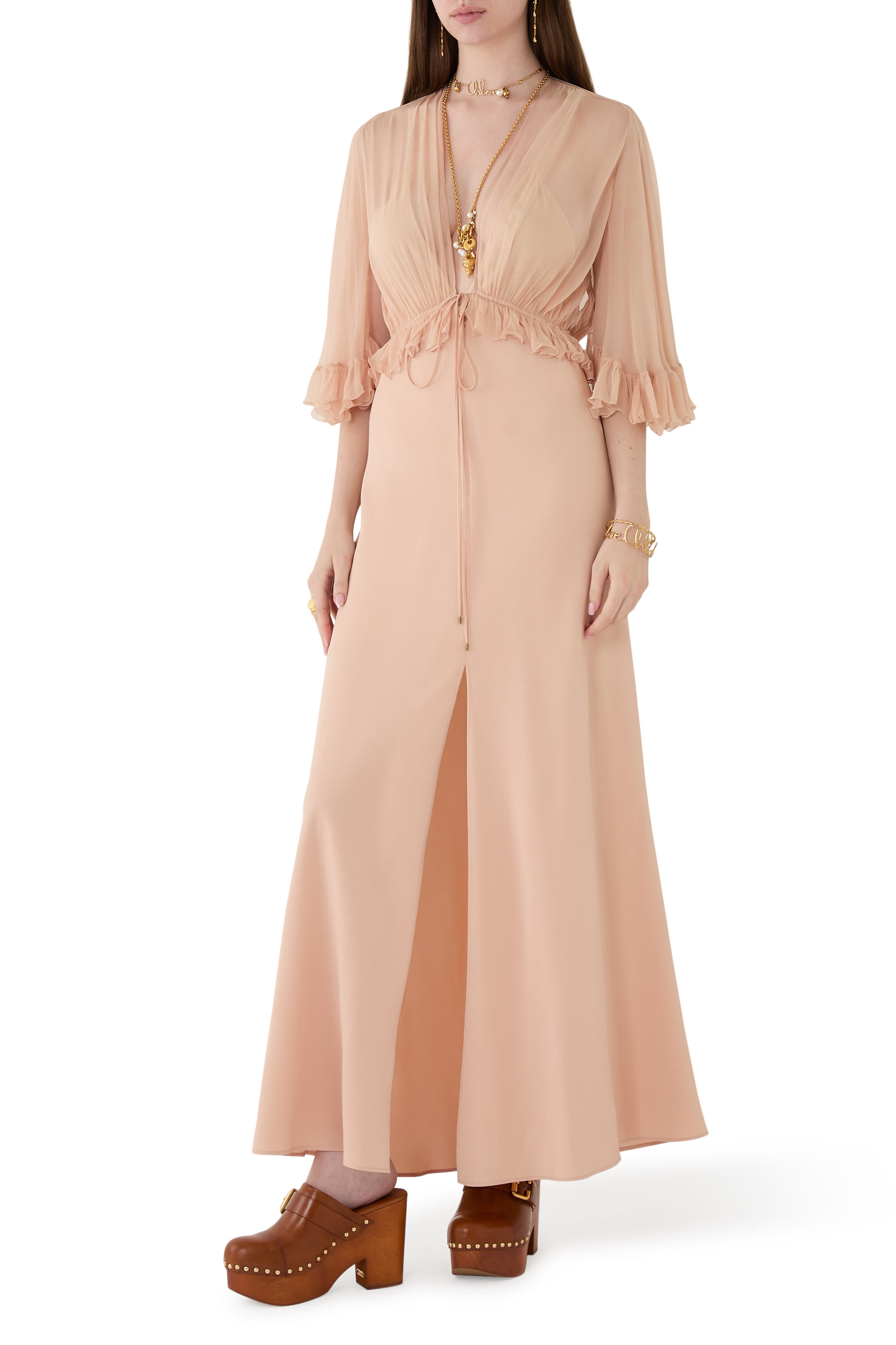 V-Neck Long Dress in Cr&ecirc;pe Satin
