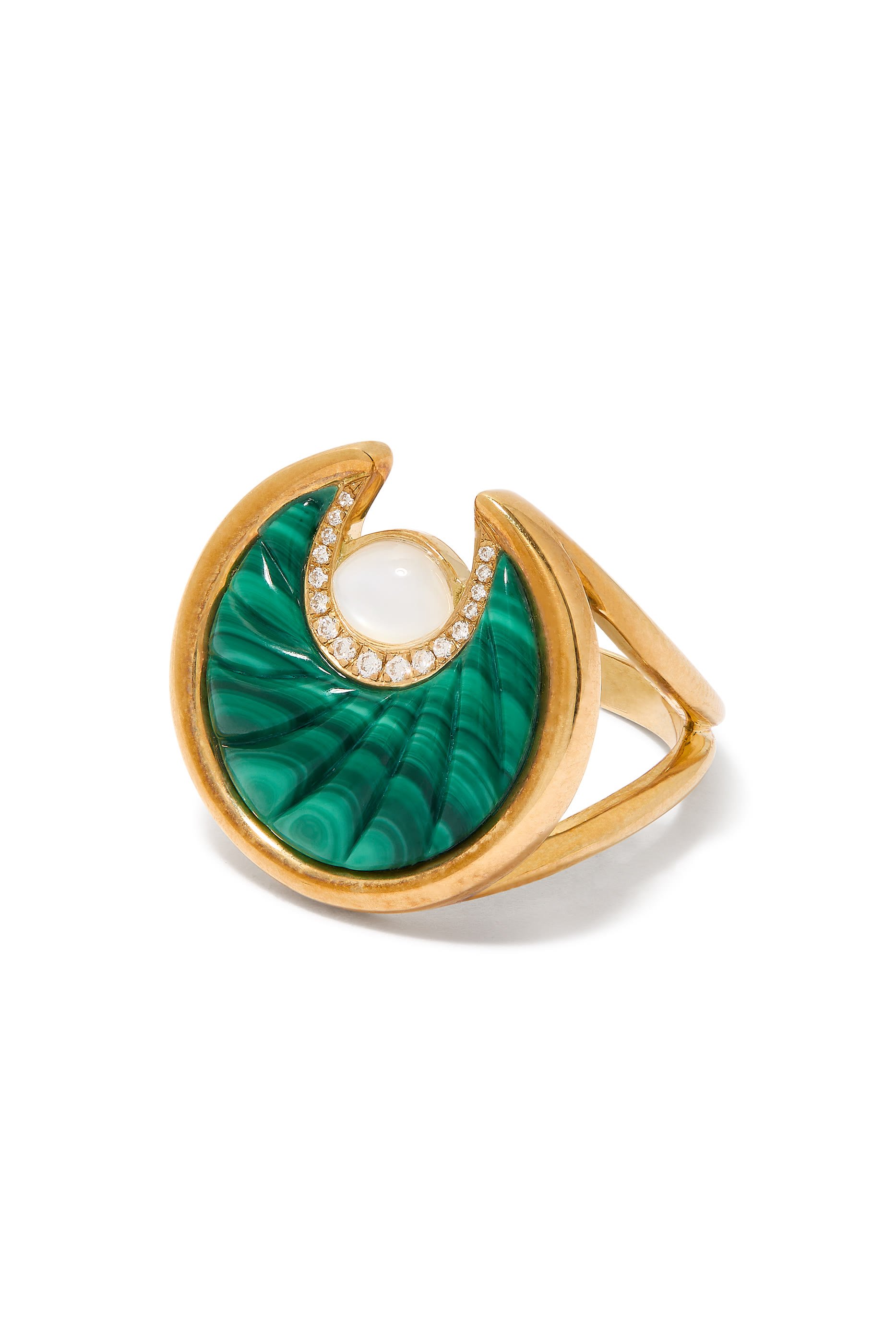 Circus Moon Ring, 18k Yellow Gold with Diamonds, Malachite & Mother of Pearl