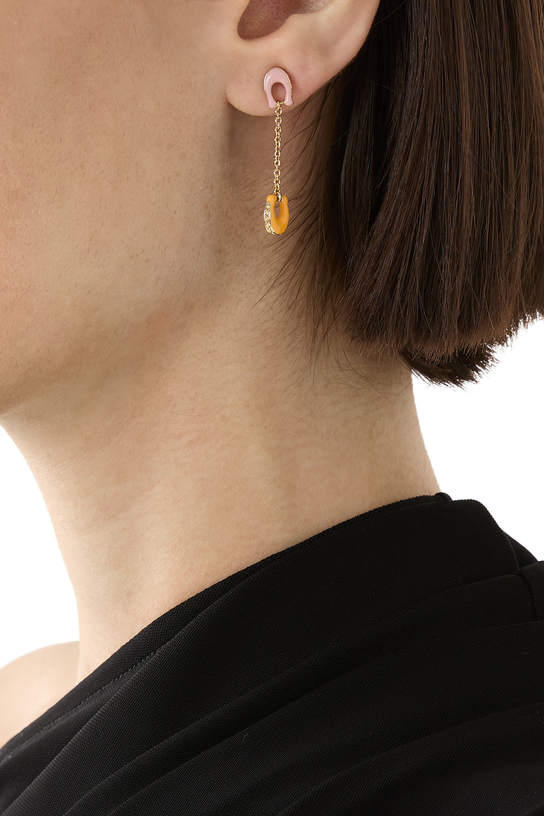 Signature Pave C Mismatch Linear Earrings, Brass, Titanium & Glass Crystal, Enamel