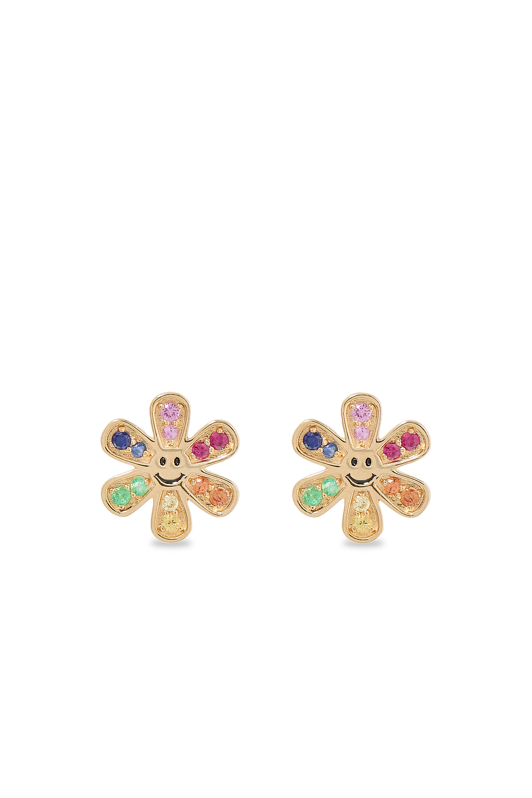 Kids Daisy Happy Face Studs, 14K Yellow Gold &  Diamonds
