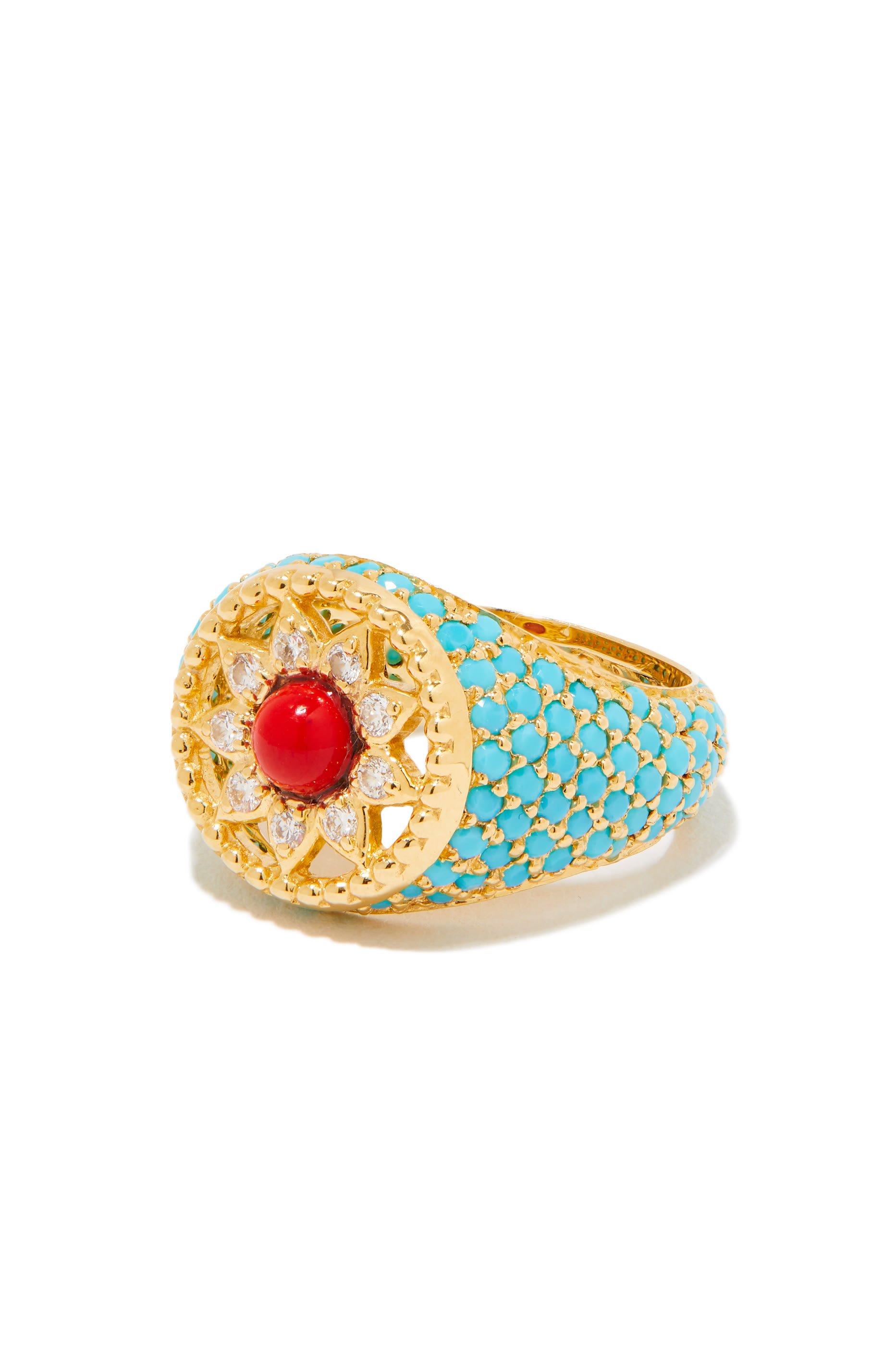 Arabesque Pinky Ring, 18k Yellow Gold with Turquoise, Mother-of-Pearl, Coral & Diamonds