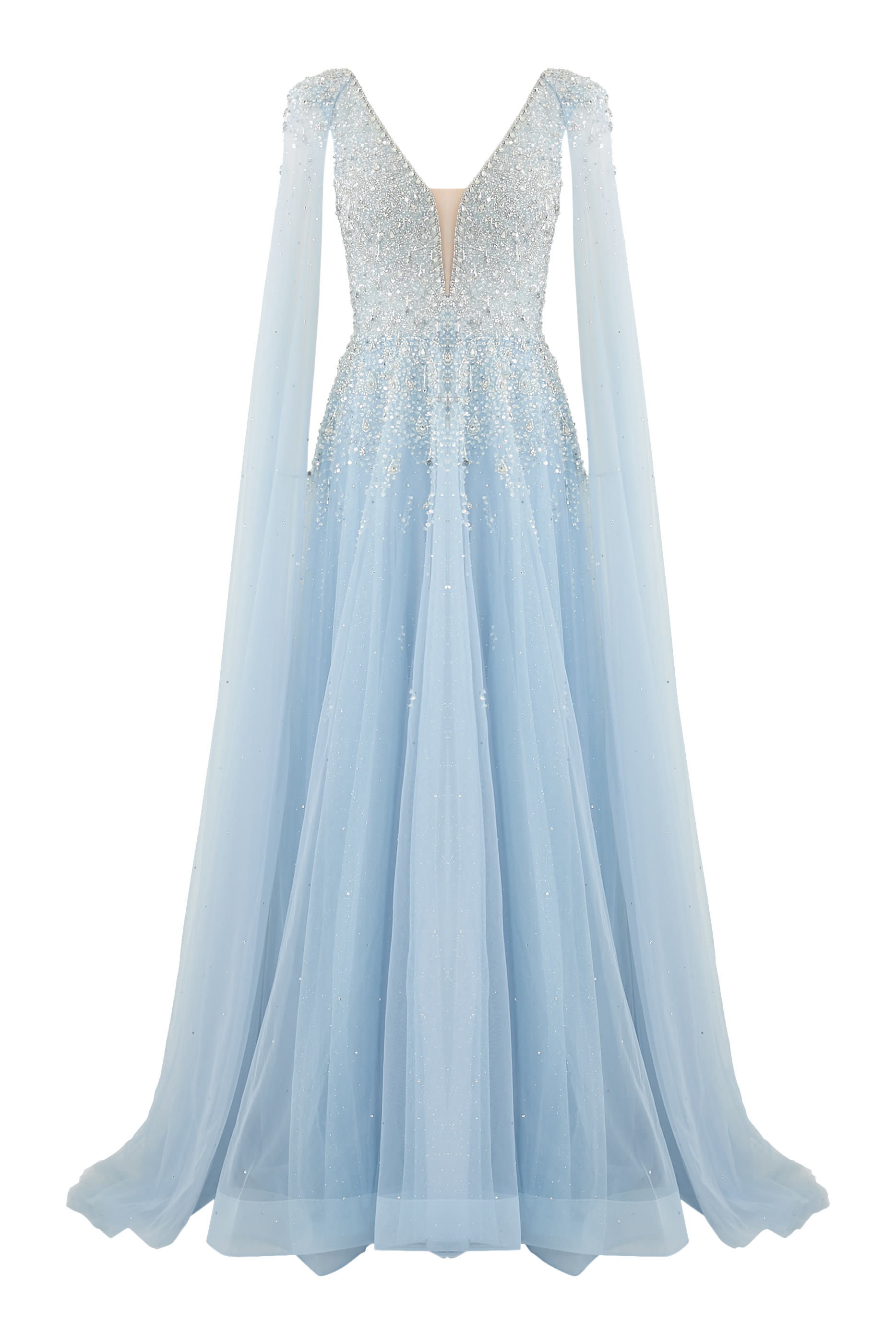 Sequin-Embellished Cape Gown