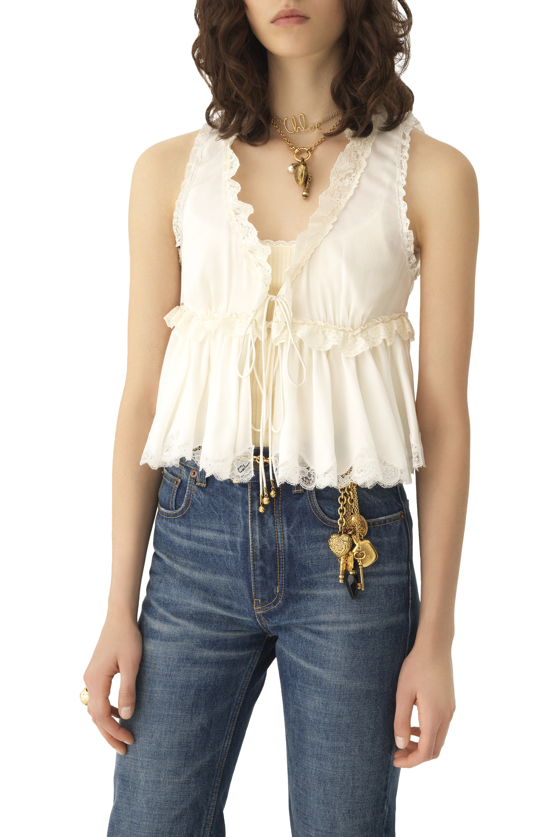  Tie-Front Sleeveless Top in Washed Silk Satin & Lace