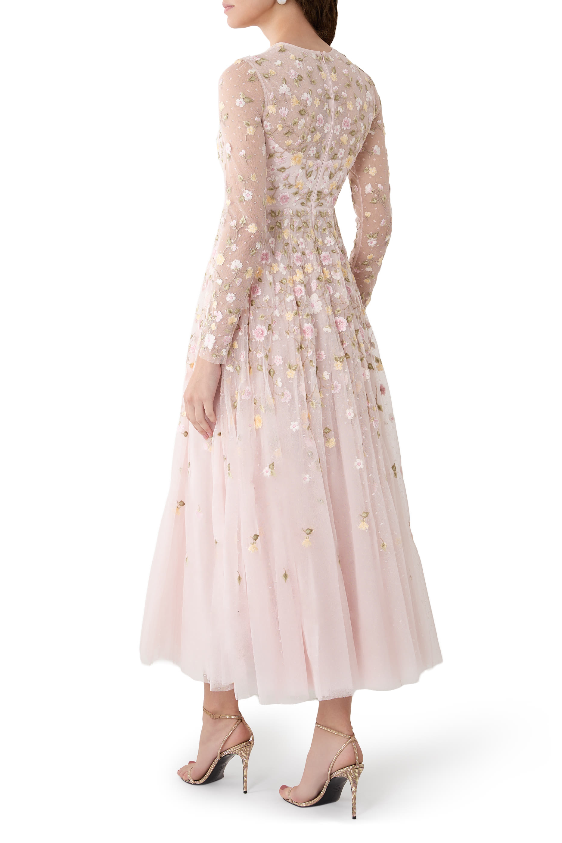 Trailing Roses Long Sleeves Ankle Gown