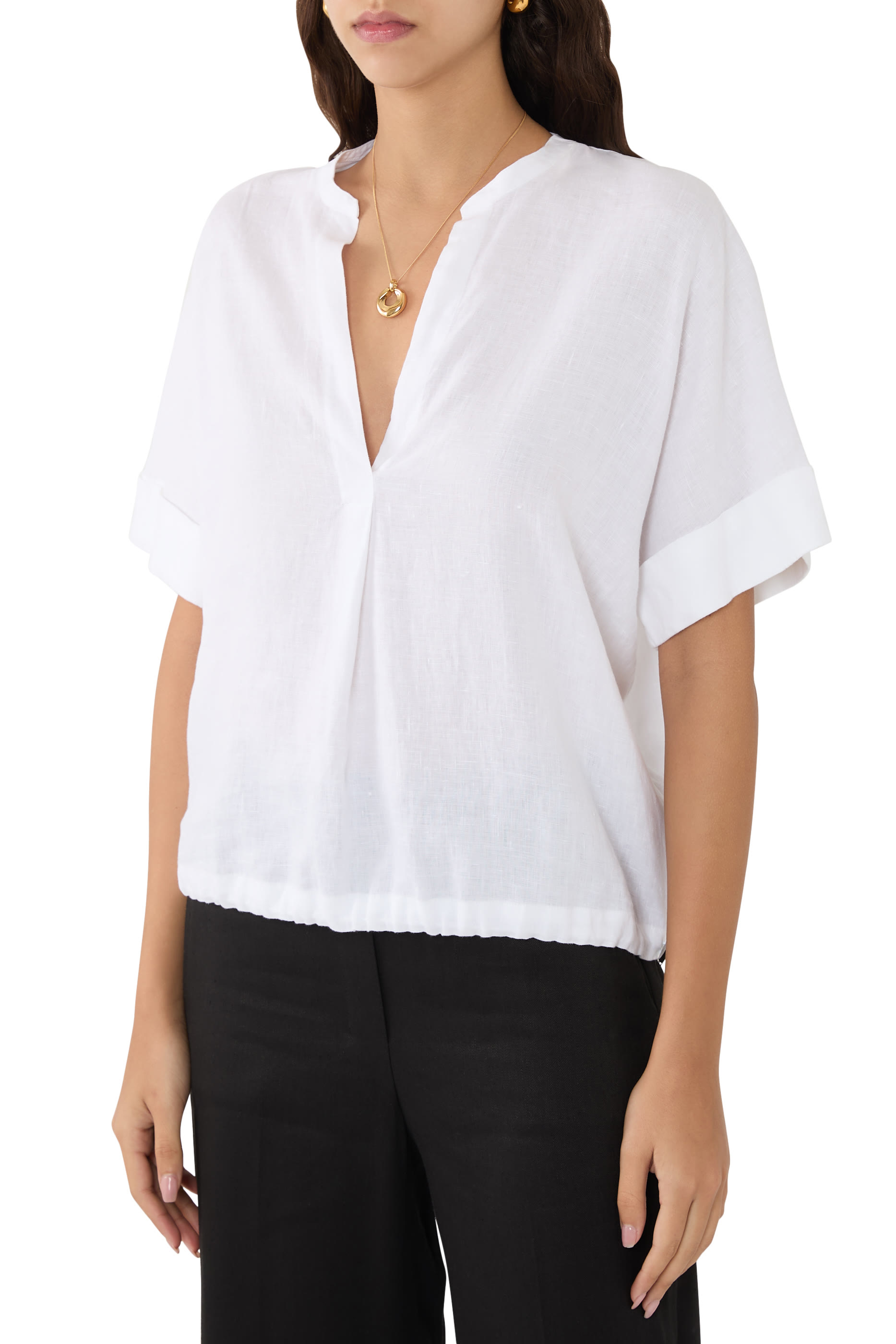 Linen Drawcord-Hem Blouse 
