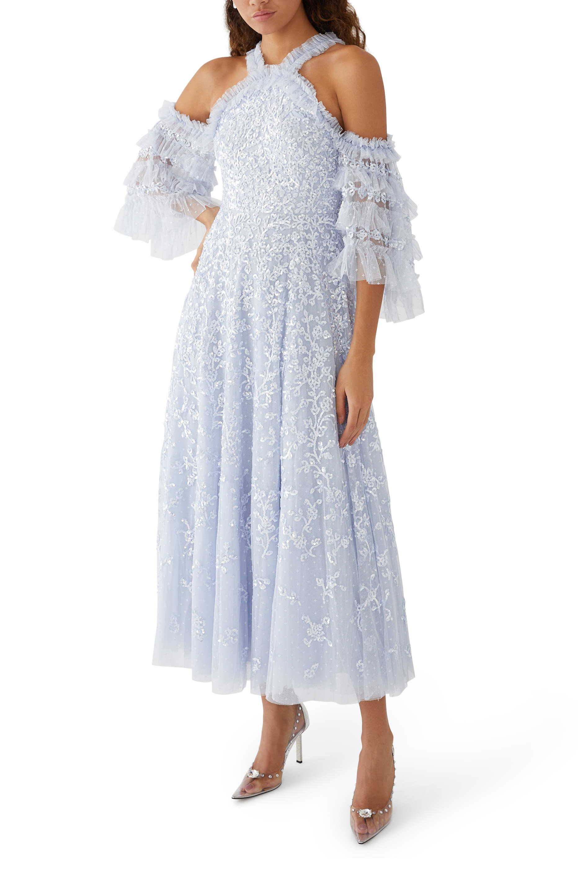 Floral Lace Off-Shoulder Ankle Gown